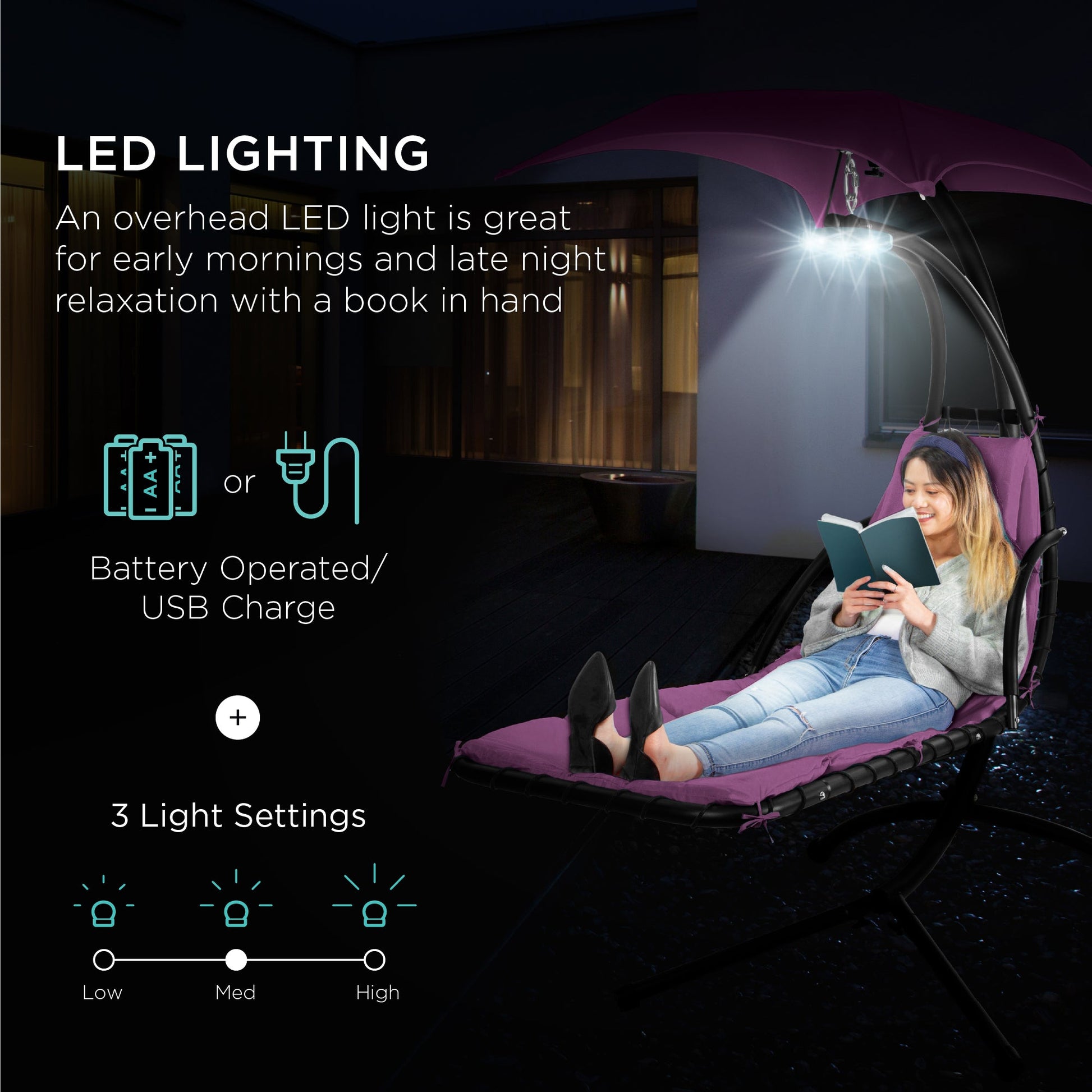 Hanging LED-Lit Curved Chaise Lounge Chair w/ Pillow, Canopy, Stand