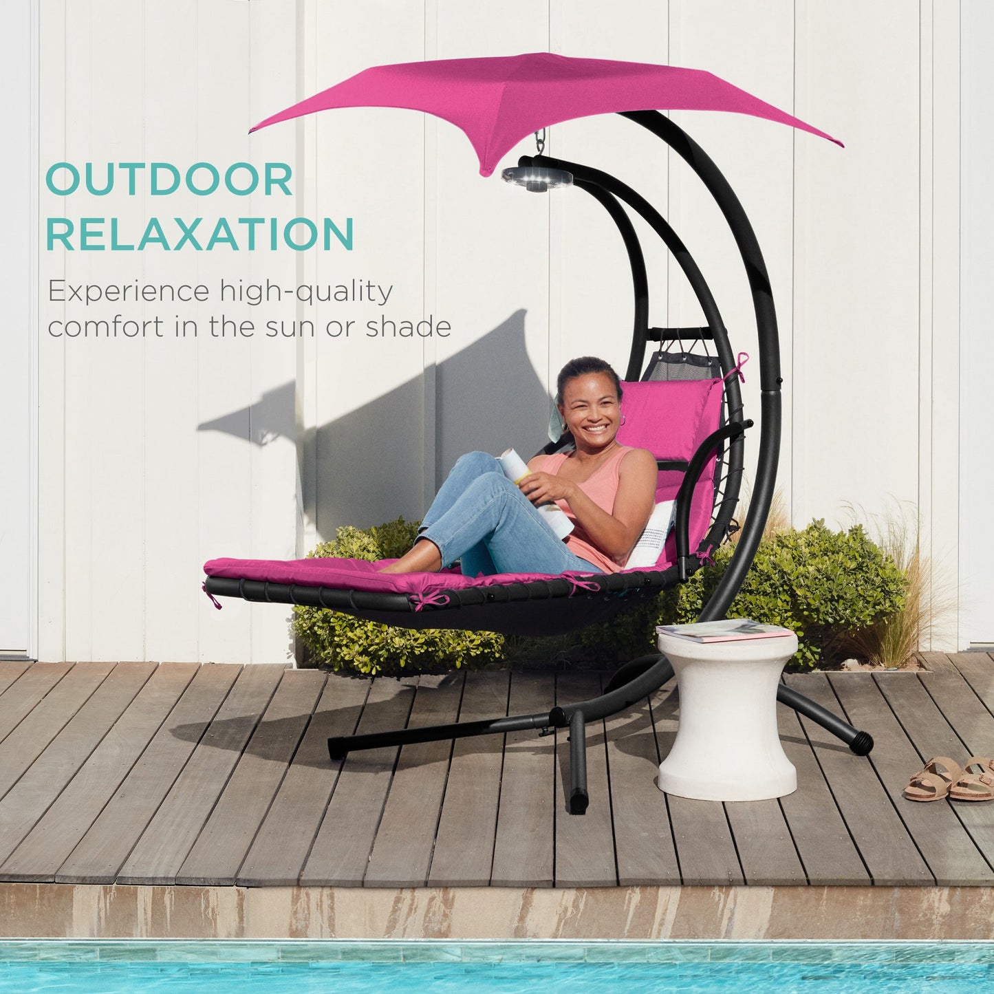 Hanging LED-Lit Curved Chaise Lounge Chair w/ Pillow, Canopy, Stand