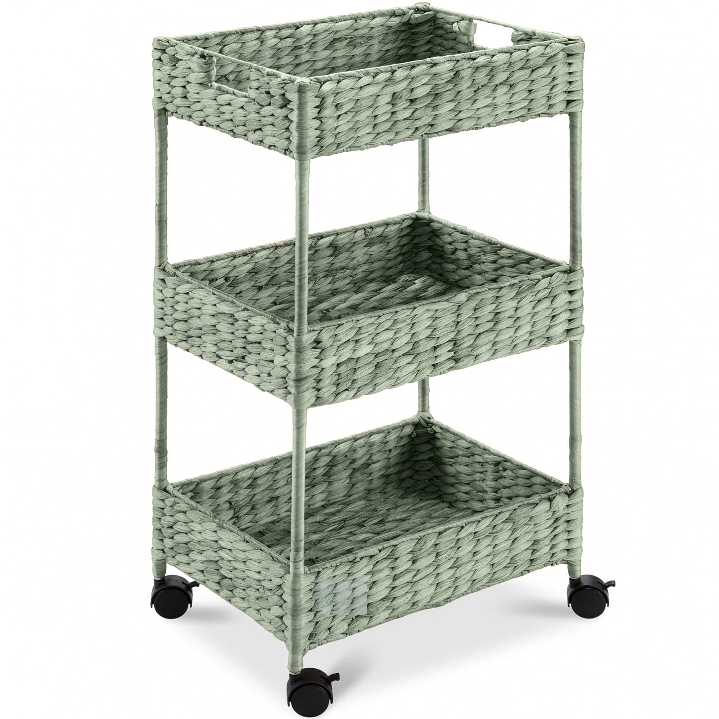 3-Tier Water Hyacinth Rolling Utility Cart w/ Weaved Baskets