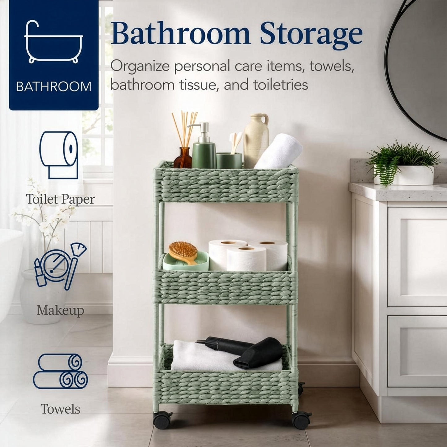 3-Tier Water Hyacinth Rolling Utility Cart w/ Weaved Baskets