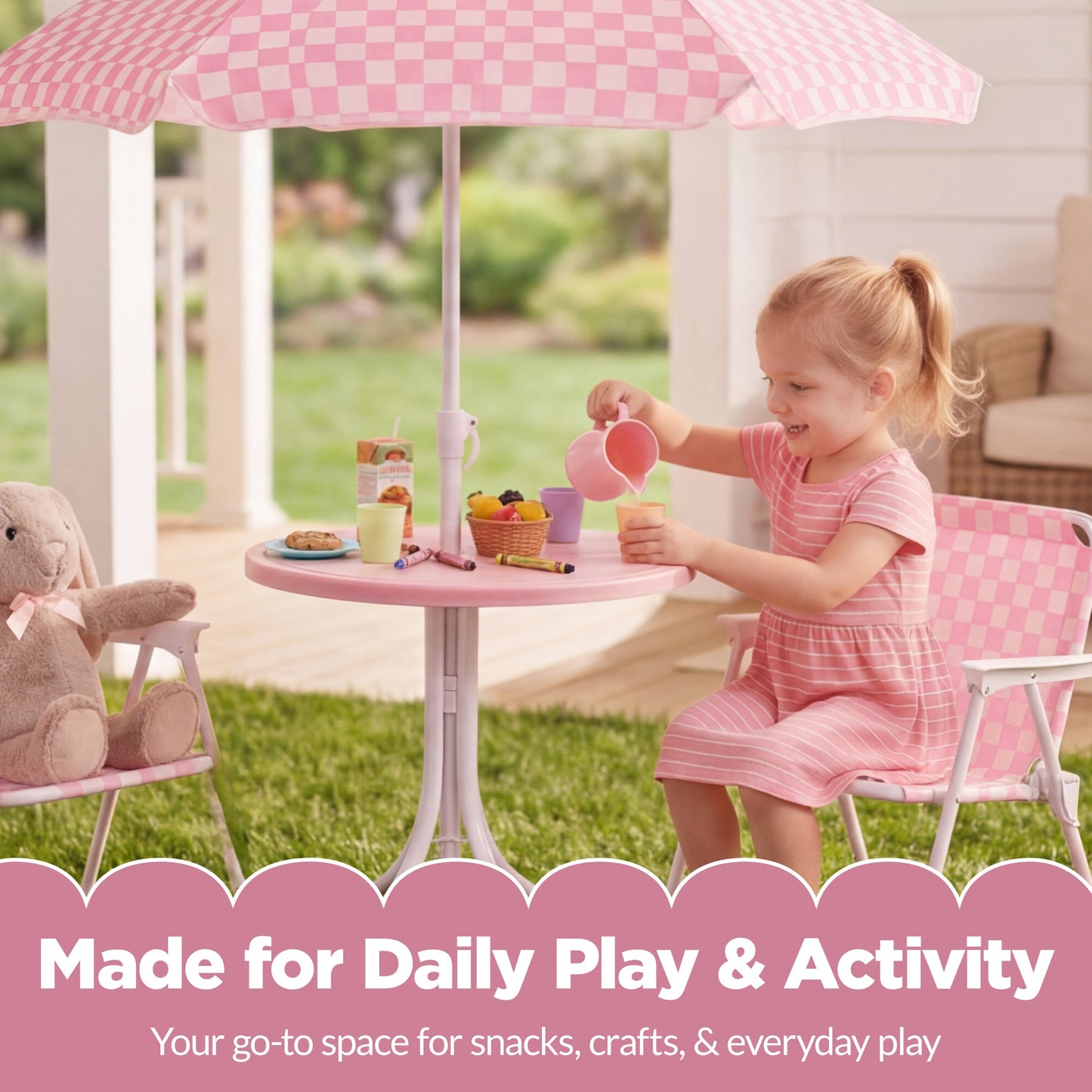 Kids Outdoor Table and Chair Set with Umbrella, Foldable Toddler Set