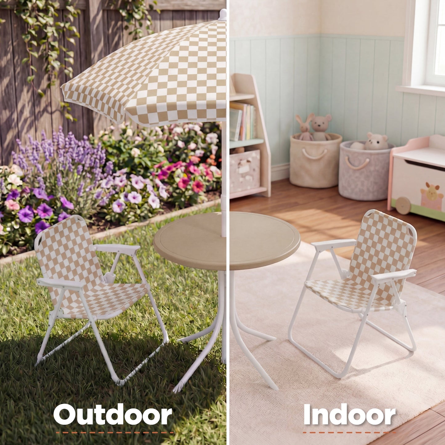 Kids Outdoor Table and Chair Set with Umbrella, Foldable Toddler Set