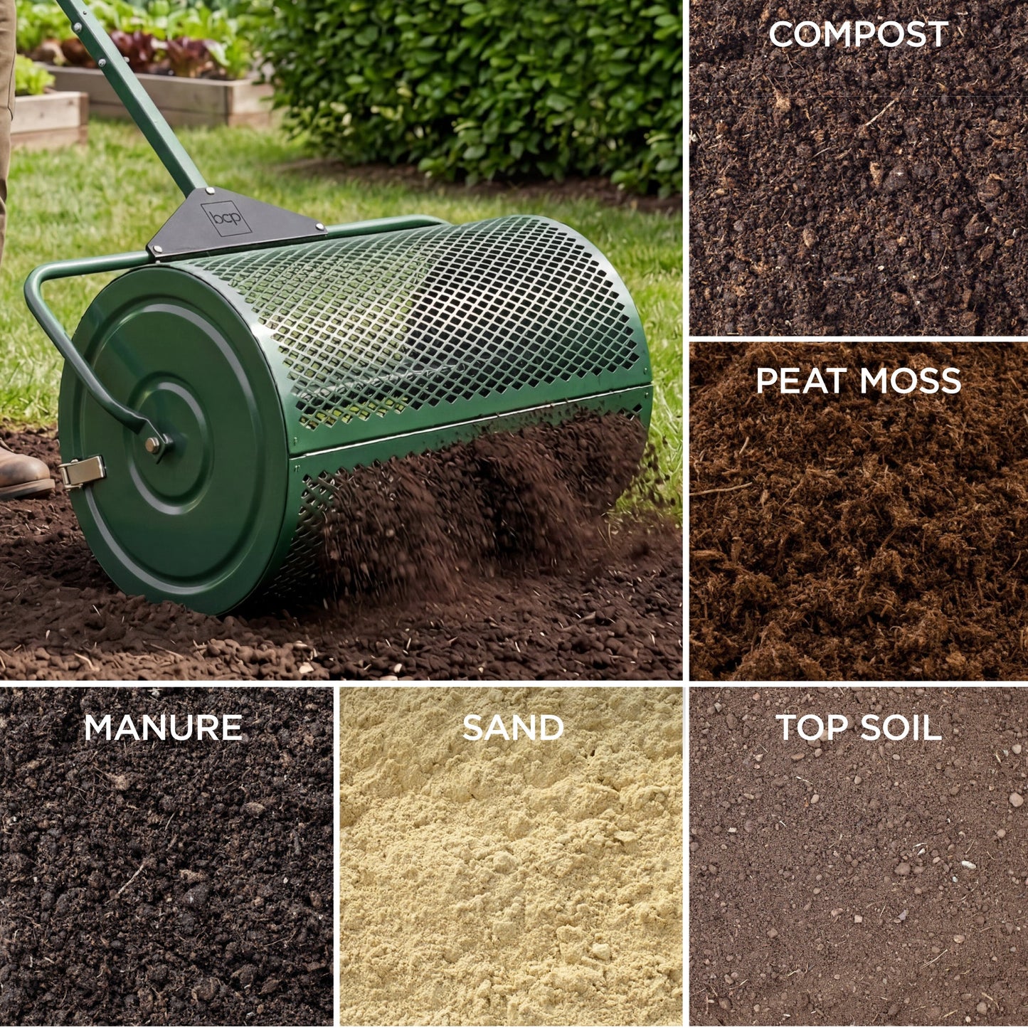 24" Compost Spreader, Steel Lawn & Peat Moss Topdresser