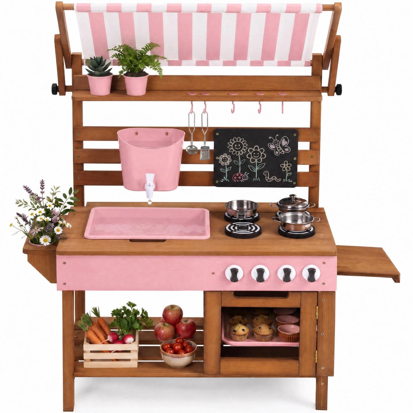 Deluxe Wooden Outdoor Mud Kitchen w/ Canopy, Sink, Faucet & 14pc Accessories