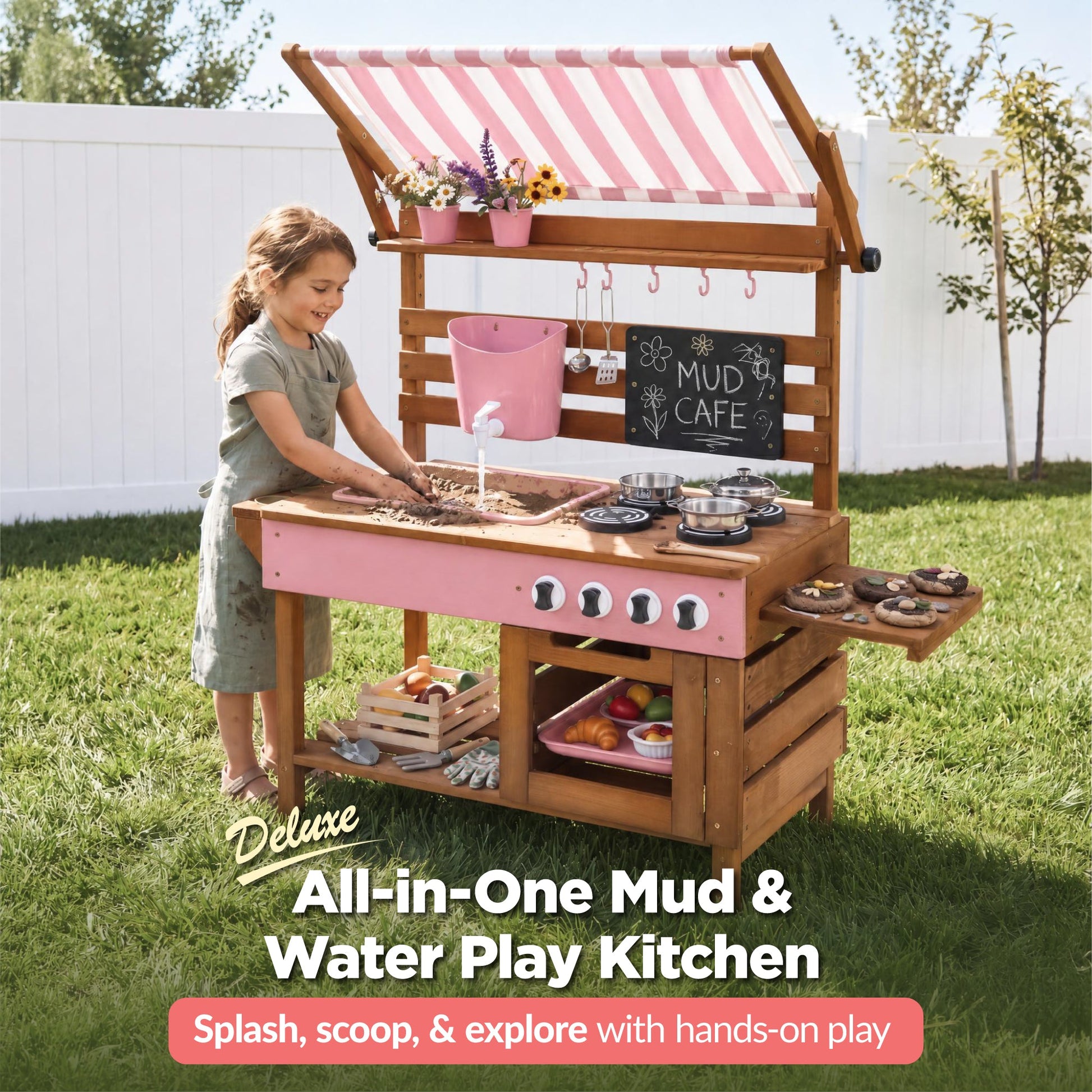 Deluxe Wooden Outdoor Mud Kitchen w/ Canopy, Sink, Faucet & 14pc Accessories