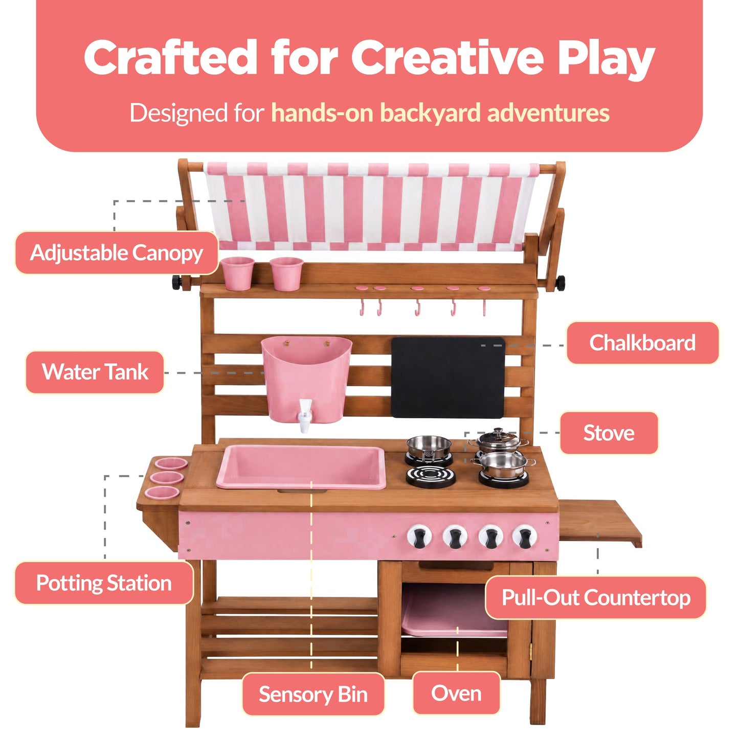 Deluxe Wooden Outdoor Mud Kitchen w/ Canopy, Sink, Faucet & 14pc Accessories