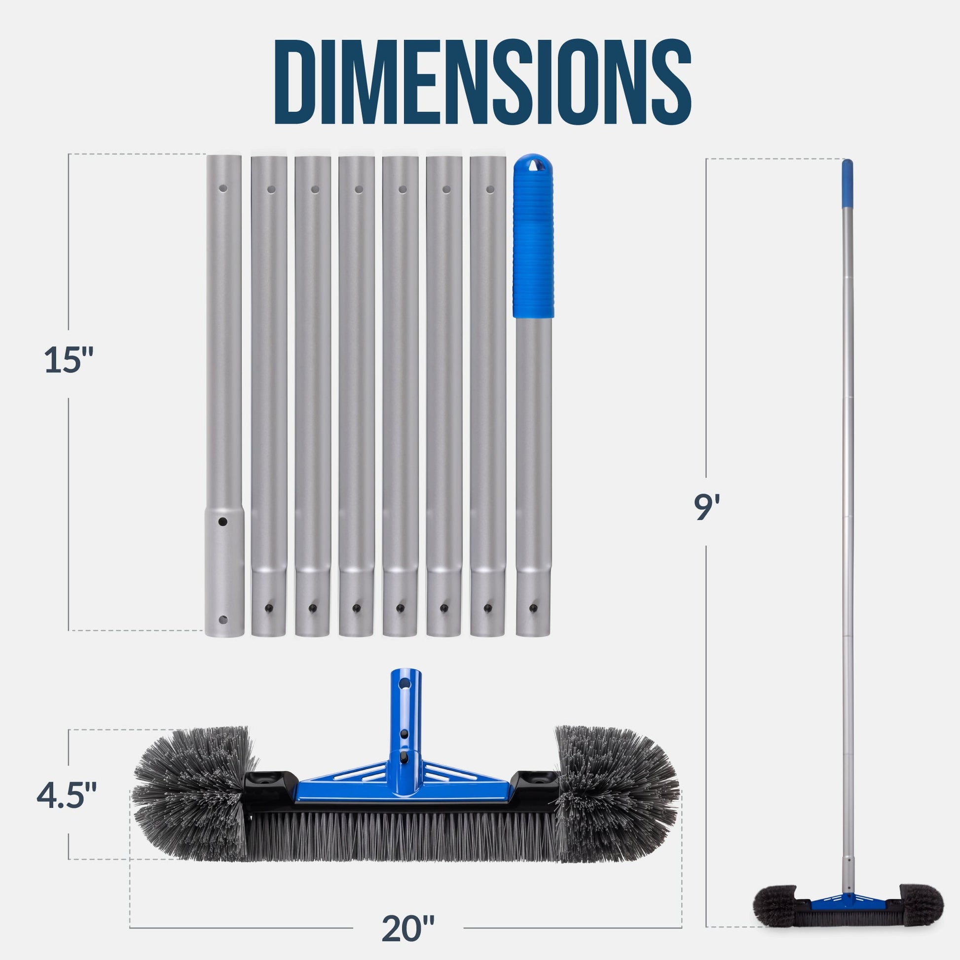 20" Pool Brush with 9 ft Aluminum Pole  Pool Wall & Floor Cleaning Set
