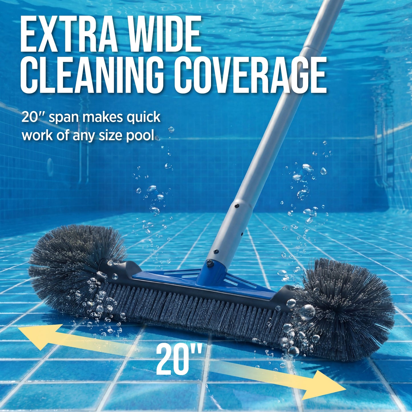 20" Pool Brush with 9 ft Aluminum Pole  Pool Wall & Floor Cleaning Set