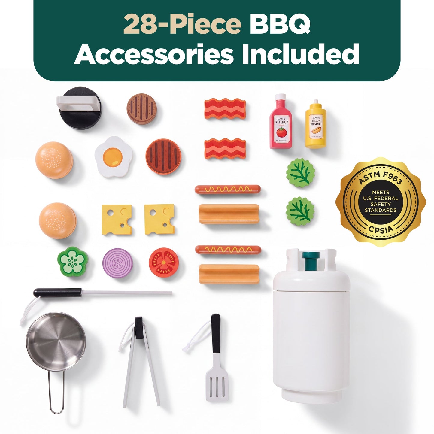 Kids Wooden BBQ Grill Playset, Pretend Kitchen Toy w/ 28 Accessories