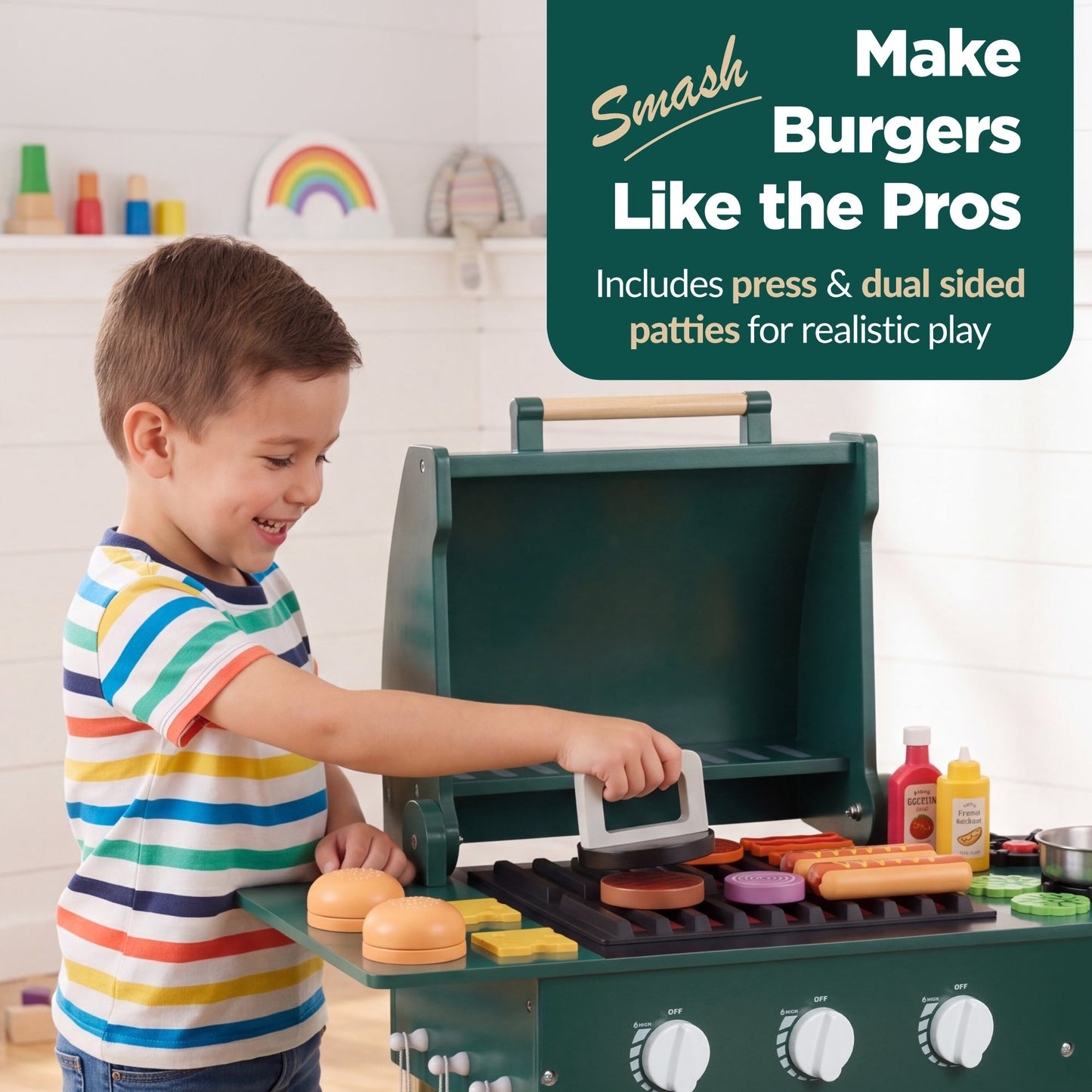Kids Wooden BBQ Grill Playset, Pretend Kitchen Toy w/ 28 Accessories