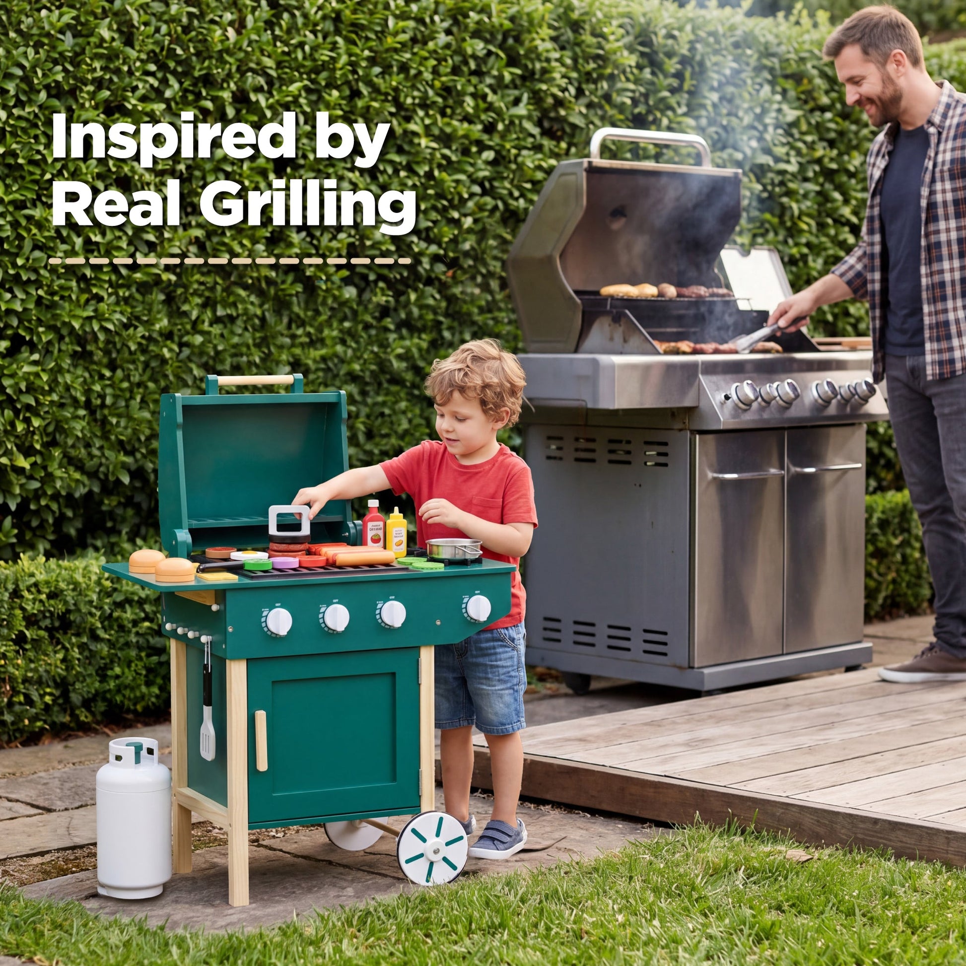 Kids Wooden BBQ Grill Playset, Pretend Kitchen Toy w/ 28 Accessories