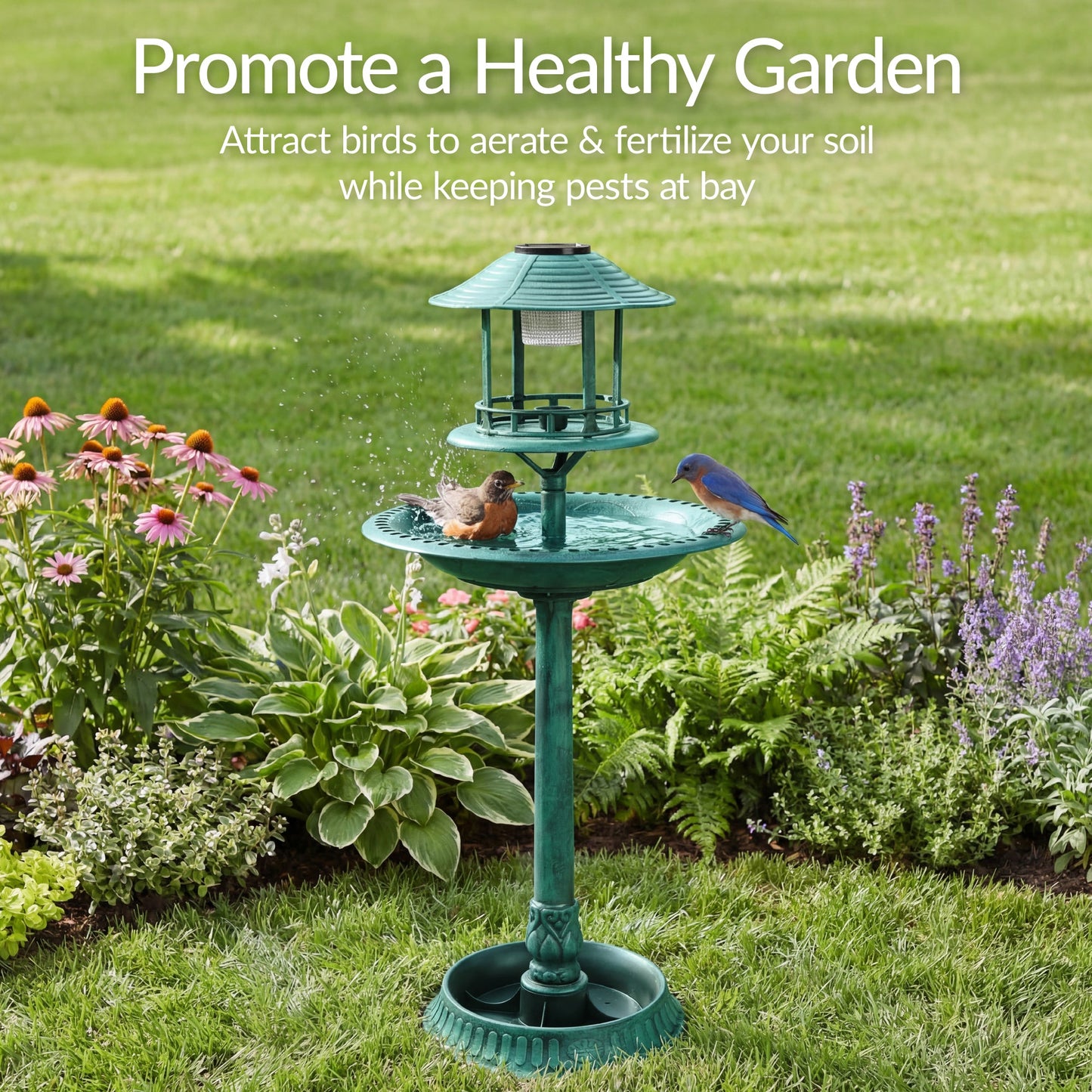 Solar Lighted Outdoor Pedestal Bird Bath w/ Planter, Decorative Bird Cage