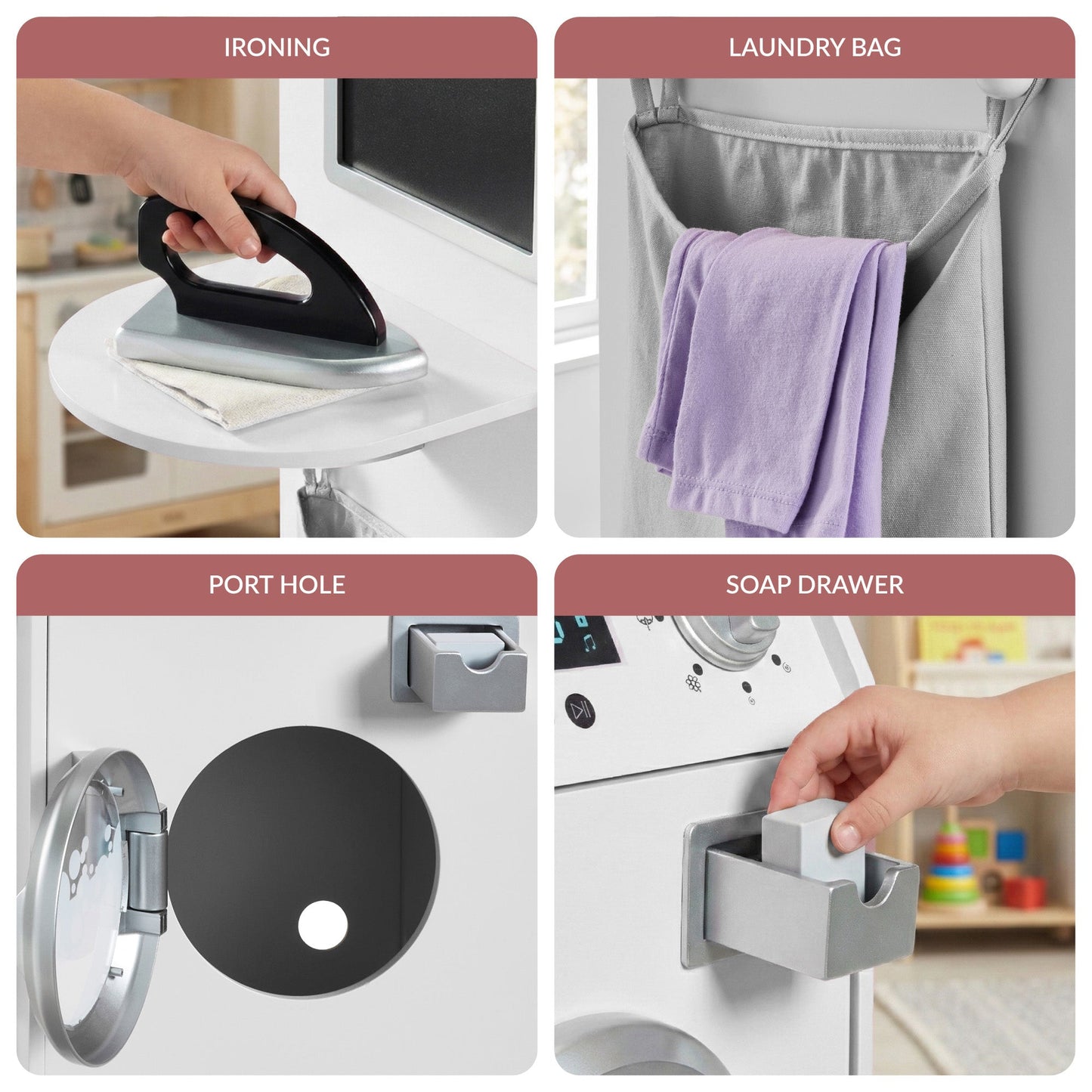 Pretend Play Kids Wooden Washer & Dryer Set w/ Laundry Accessories