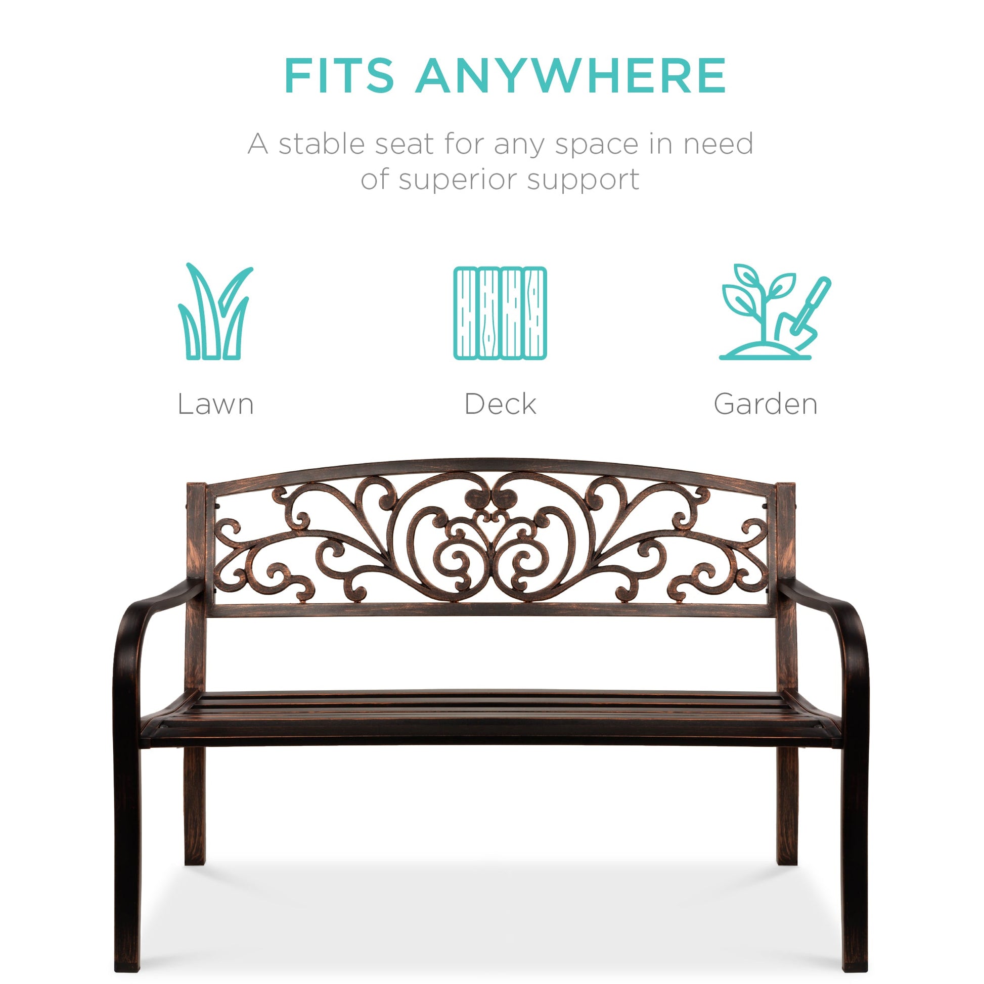 Steel Bench for Outdoor, Patio, Garden w/ Floral Design - 50in