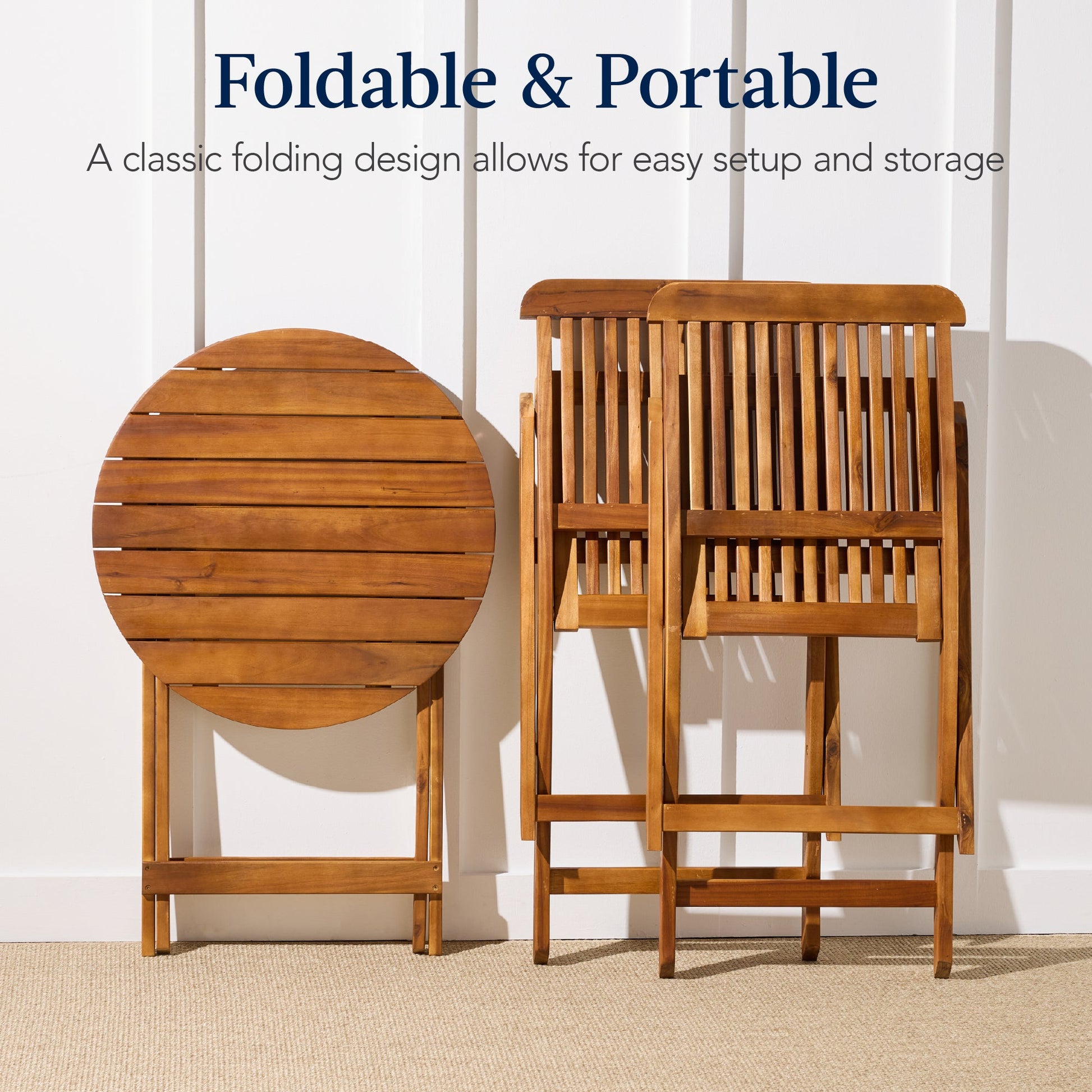 3-Piece Acacia Wood Bistro Set w/ Folding Table, 2 Chairs
