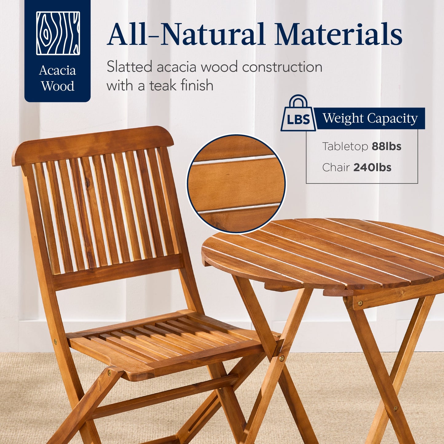 3-Piece Acacia Wood Bistro Set w/ Folding Table, 2 Chairs