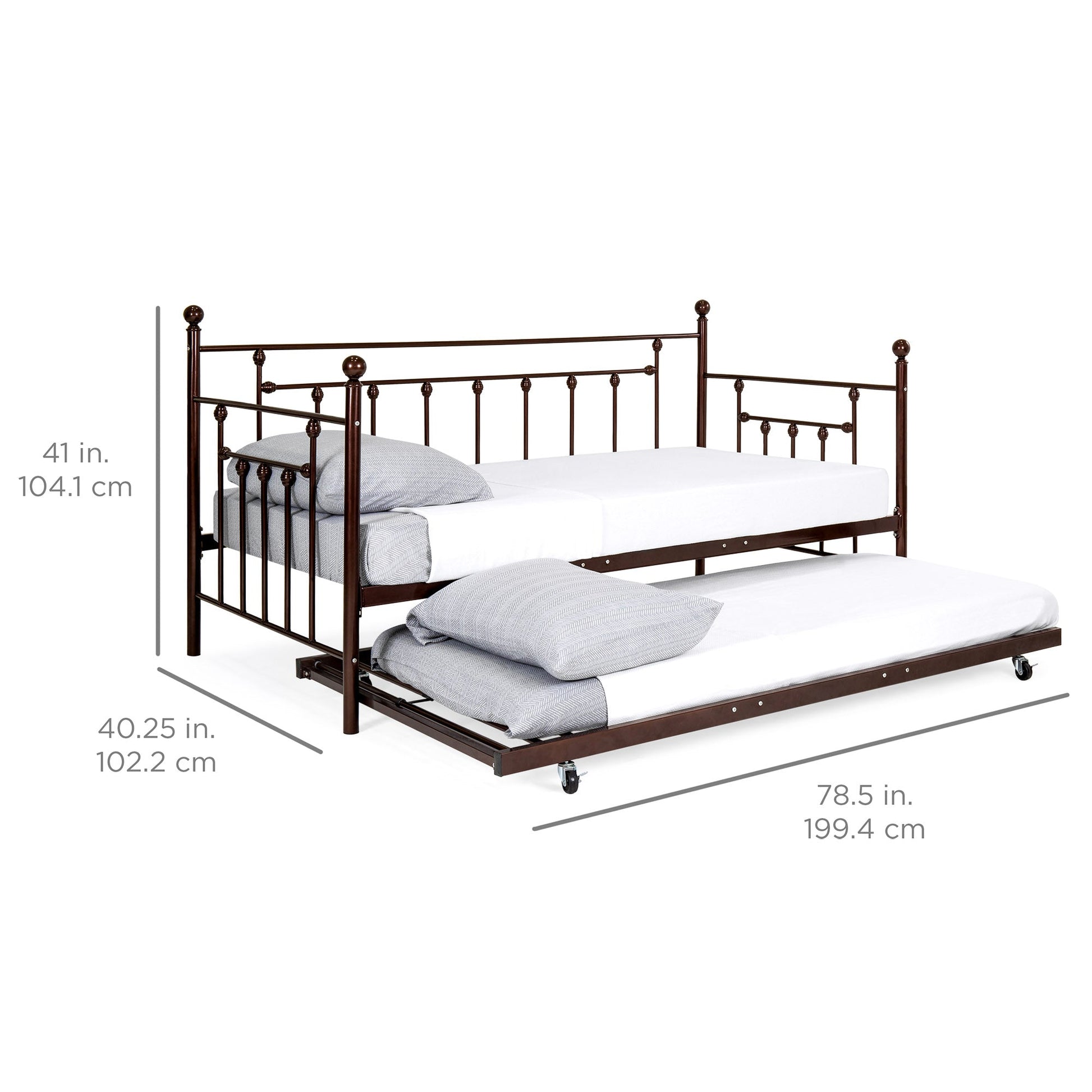 Twin Sized Metal Lounge Daybed Frame w/ Trundle, Finials