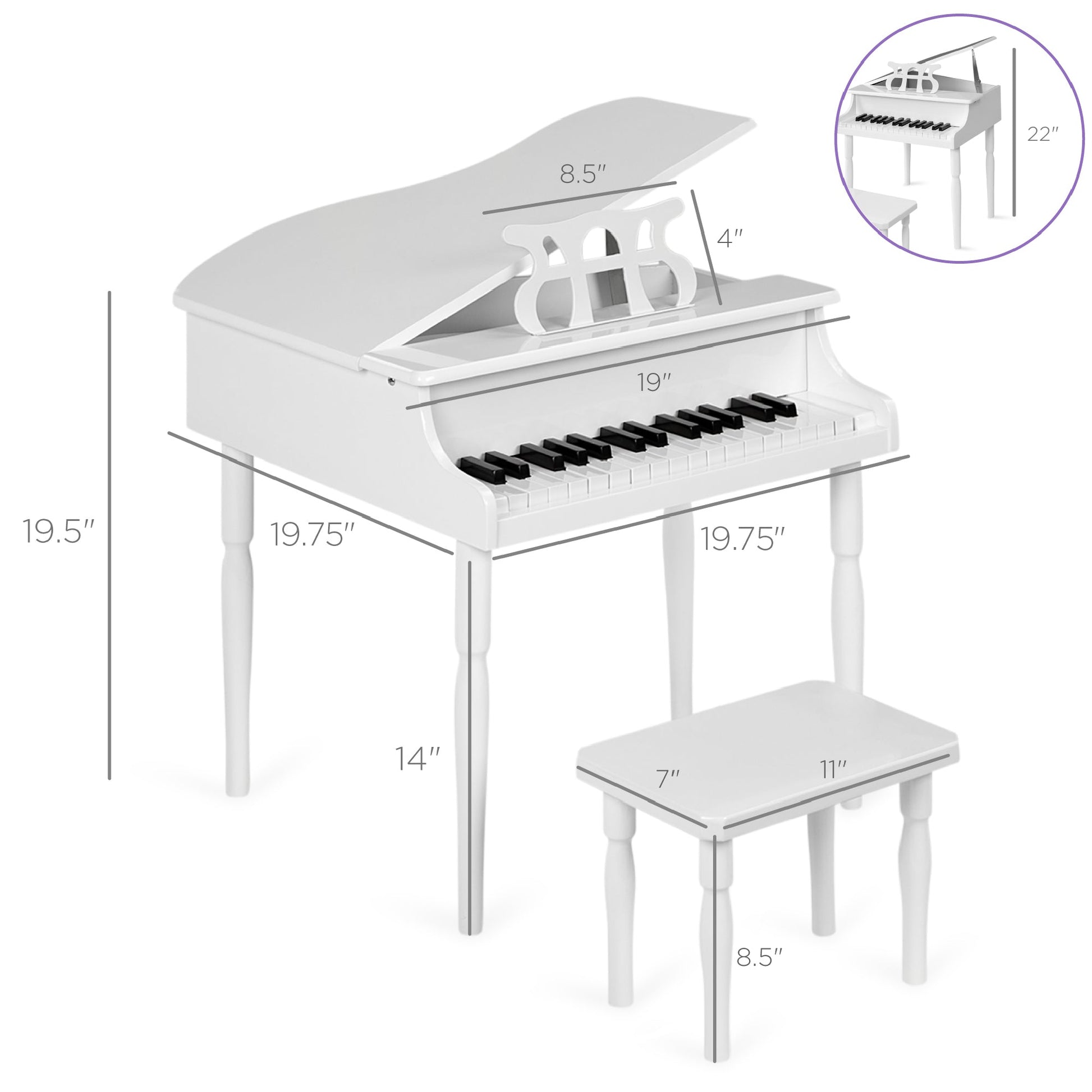 Kids Mini Wooden Grand Piano w/ Lid, Bench, Music Rack, Song Book, Stickers