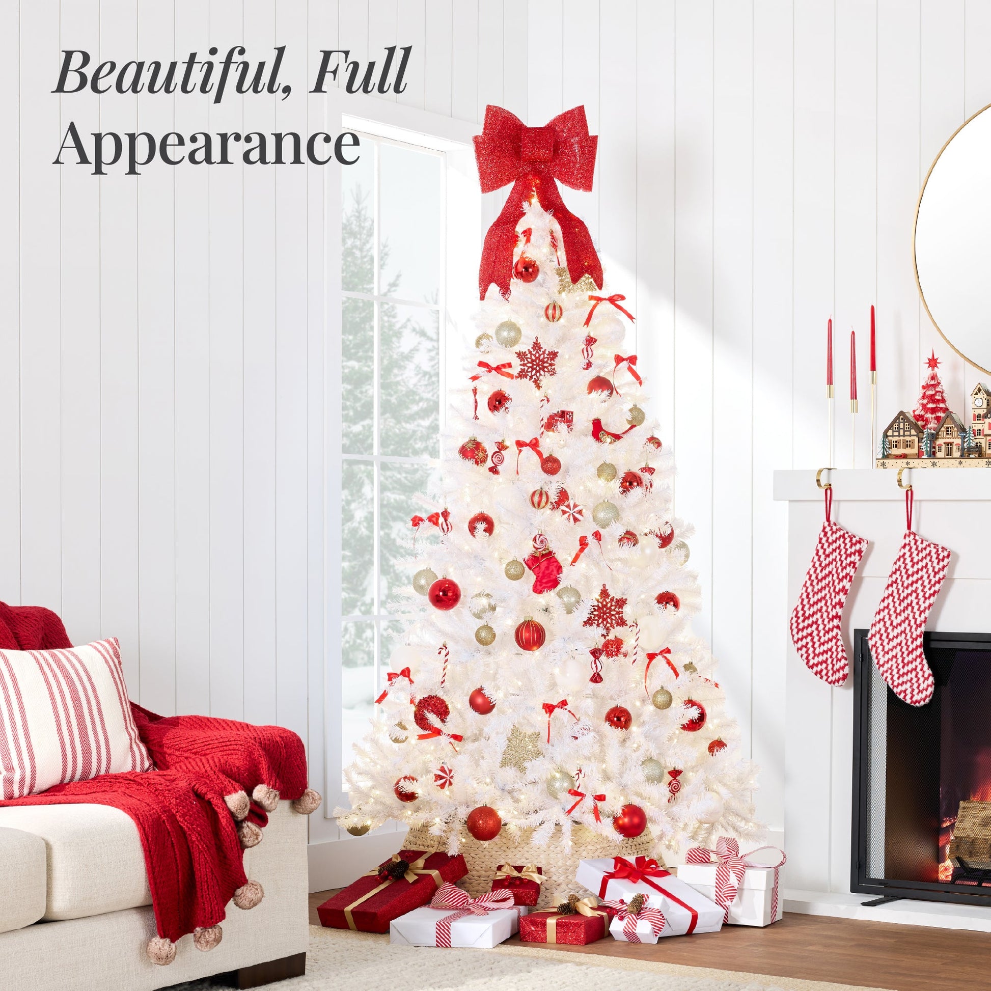 Pre-Lit Hinged Artificial White Pine Christmas Tree w/ Lights, Metal Stand