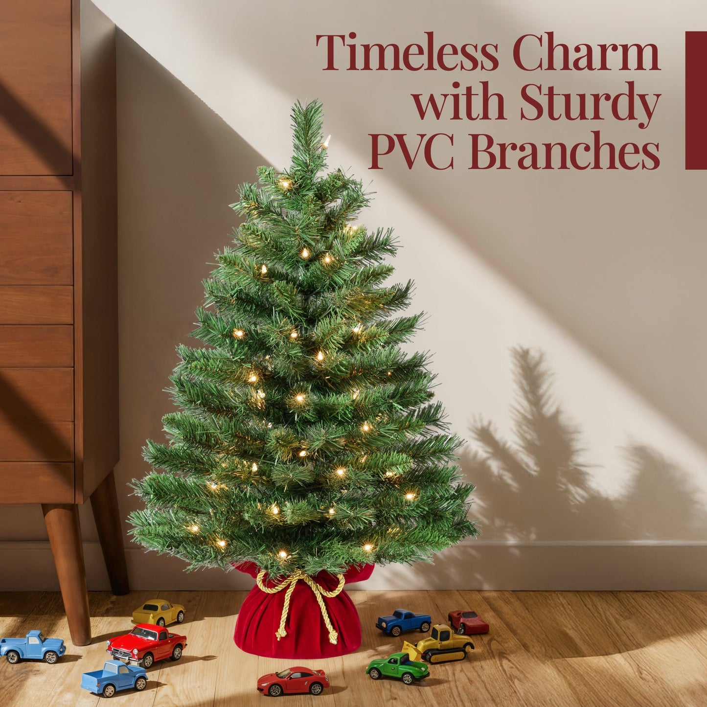 Pre-Lit Tabletop Christmas Tree w/ Red Velvet Cover & Gold Cord