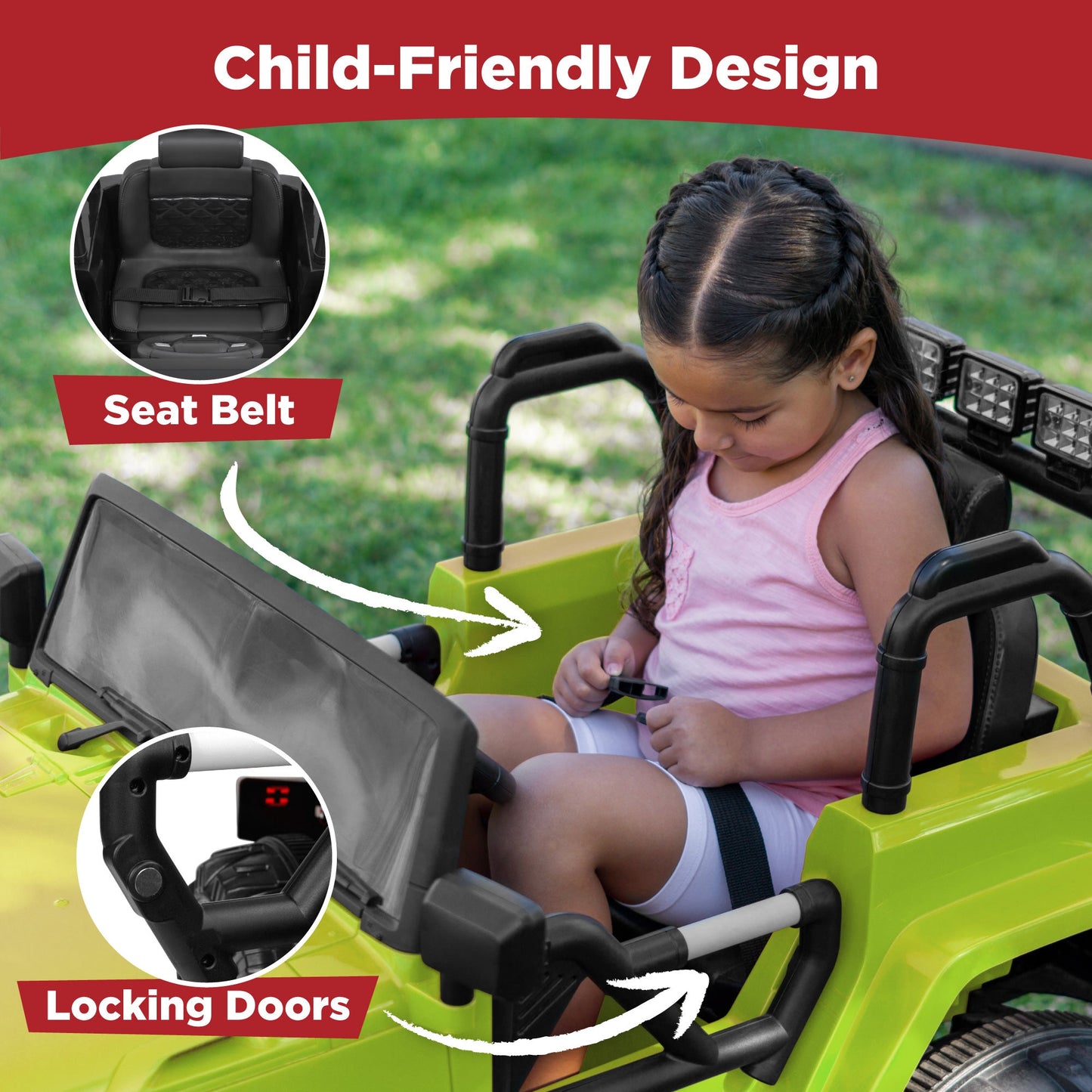 Jumbo 12V Kids Electric Ride On Car with Parent Remote, Seat Harness
