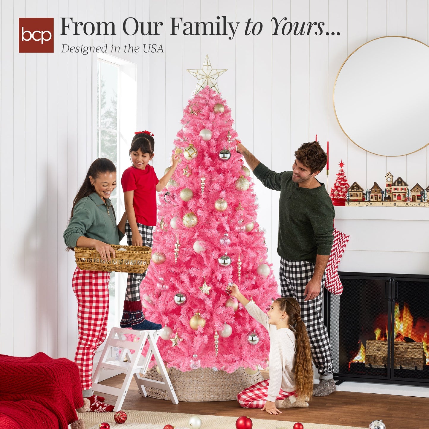 Artificial Pink Christmas Tree, Unlit Pine Design w/Easy Assembly