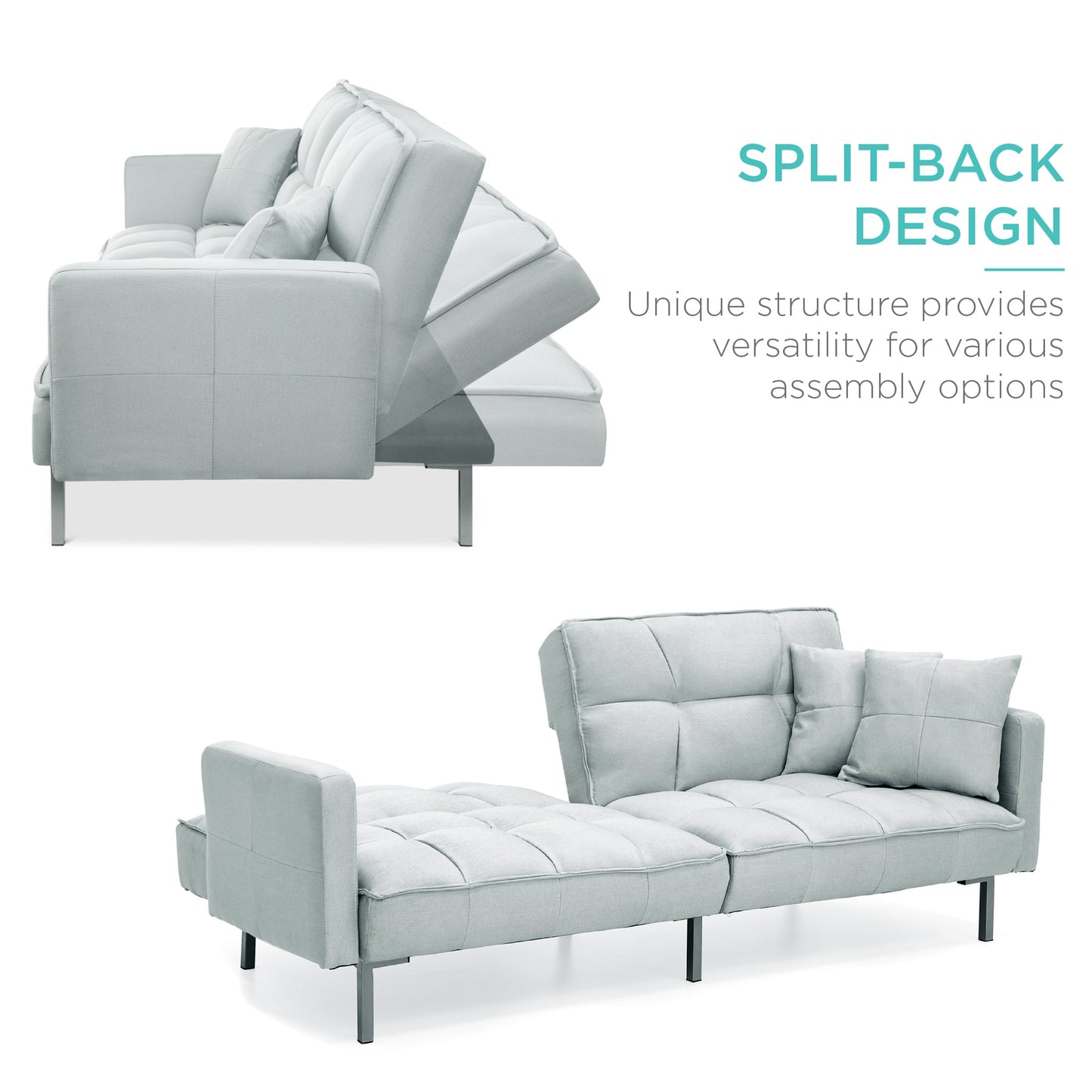 Convertible Linen Tufted Futon w/ 2 Plush Pillows, Split-Back Design
