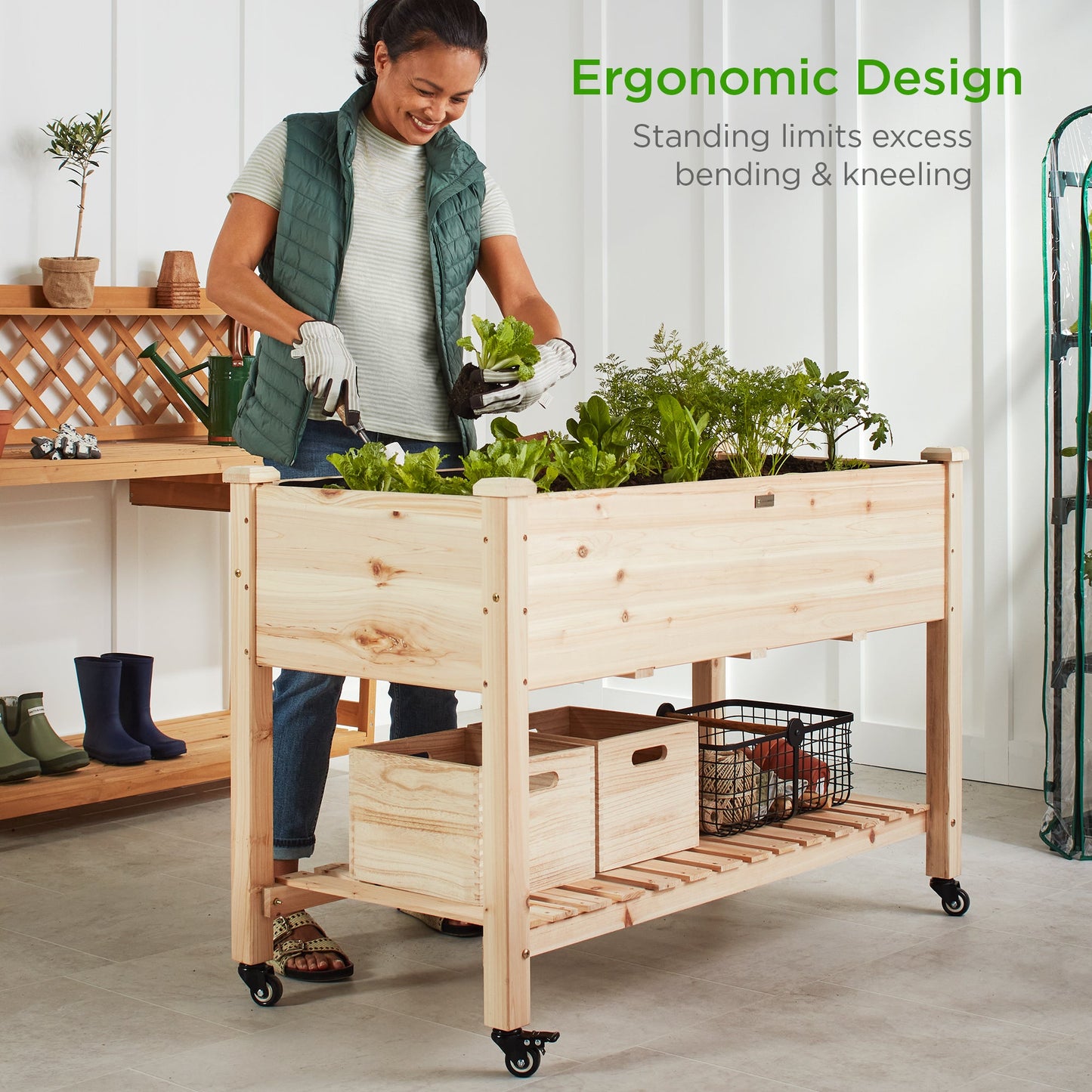 Mobile Raised Garden Bed Elevated Planter w/ Wheels, Shelf - 48x24x32in