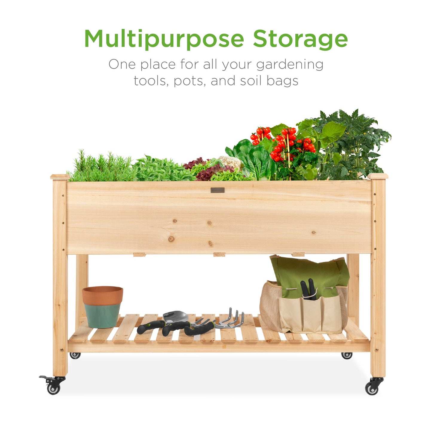 Mobile Raised Garden Bed Elevated Planter w/ Wheels, Shelf - 48x24x32in