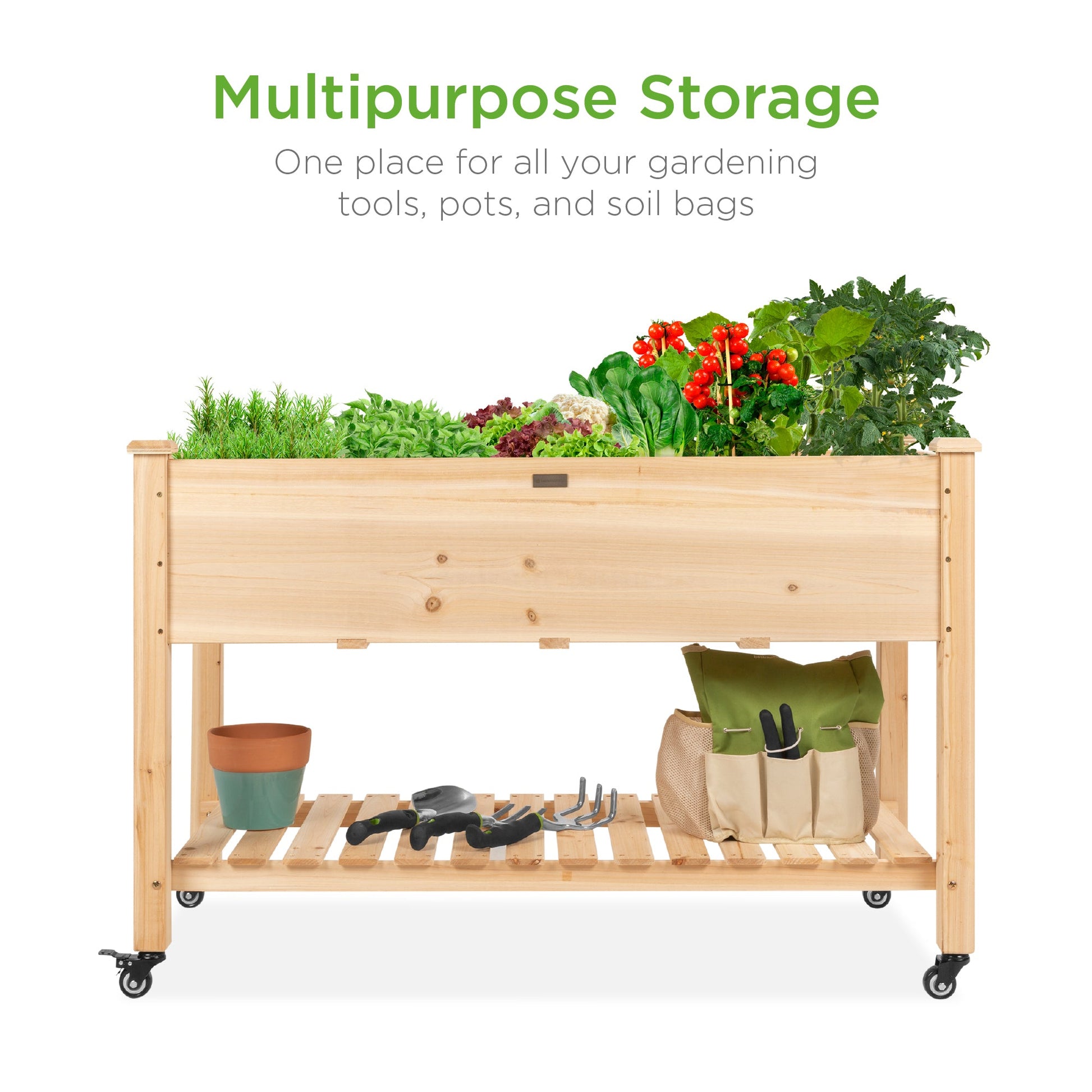 Mobile Raised Garden Bed Elevated Planter w/ Wheels, Shelf - 48x24x32in