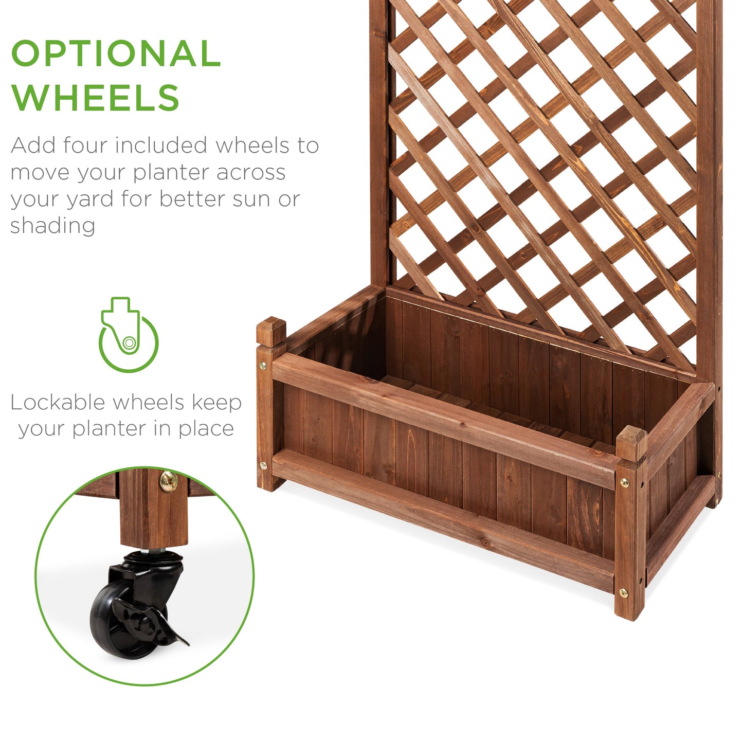 Wood Planter Box & Lattice Trellis w/ Drainage, Optional Wheels