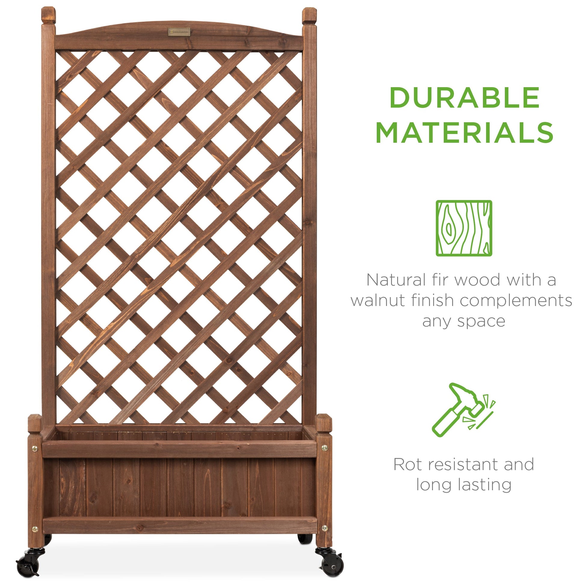 Wood Planter Box & Lattice Trellis w/ Drainage, Optional Wheels