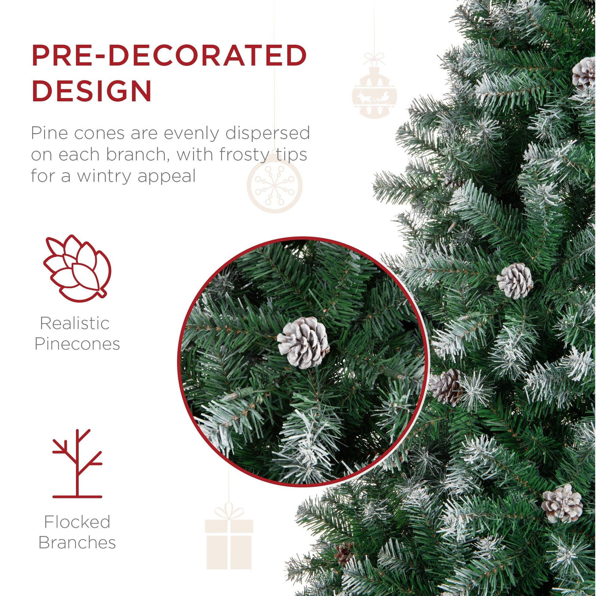 Pre-Decorated Christmas Tree w/ Pinecones, Flocked Branch Tips