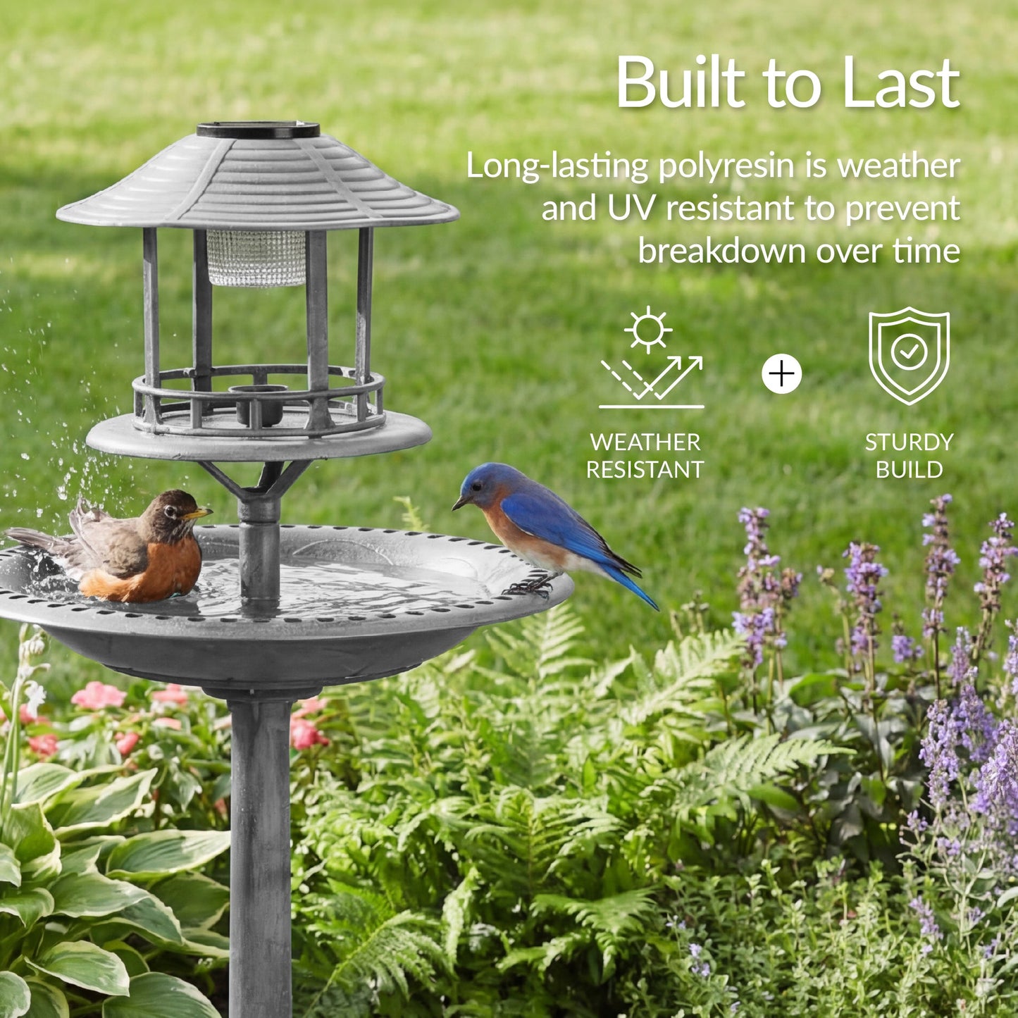 Solar Lighted Outdoor Pedestal Bird Bath w/ Planter, Decorative Bird Cage