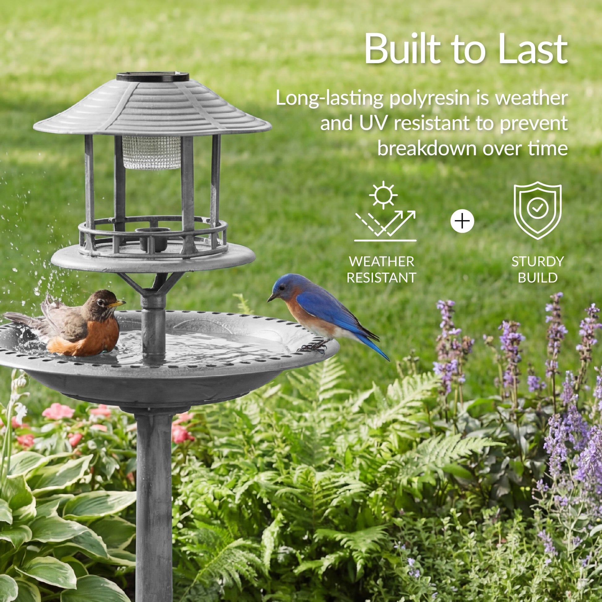 Solar Lighted Outdoor Pedestal Bird Bath w/ Planter, Decorative Bird Cage