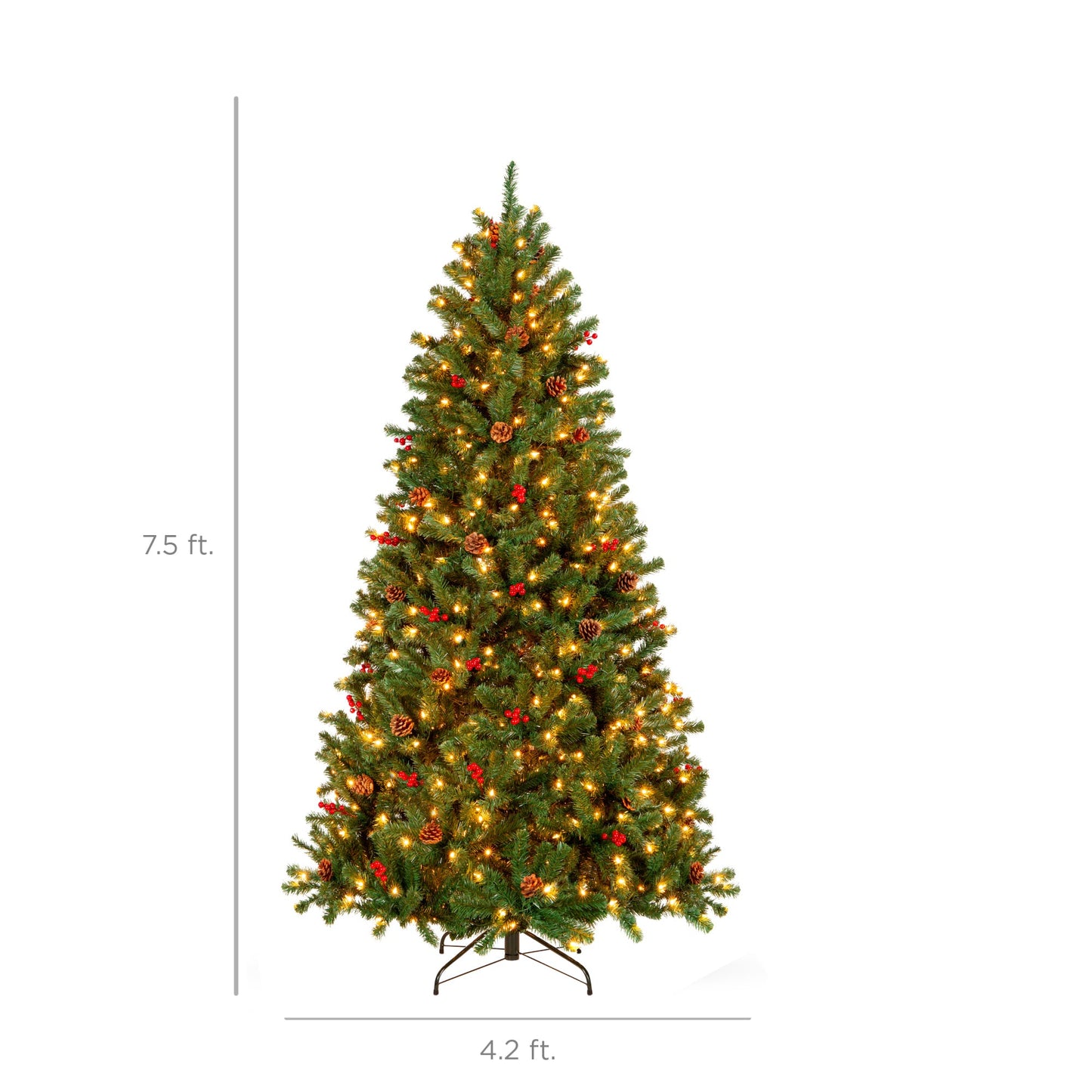 Pre-Lit Pre-Decorated Spruce Christmas Tree w/ Pine Cones, Berries