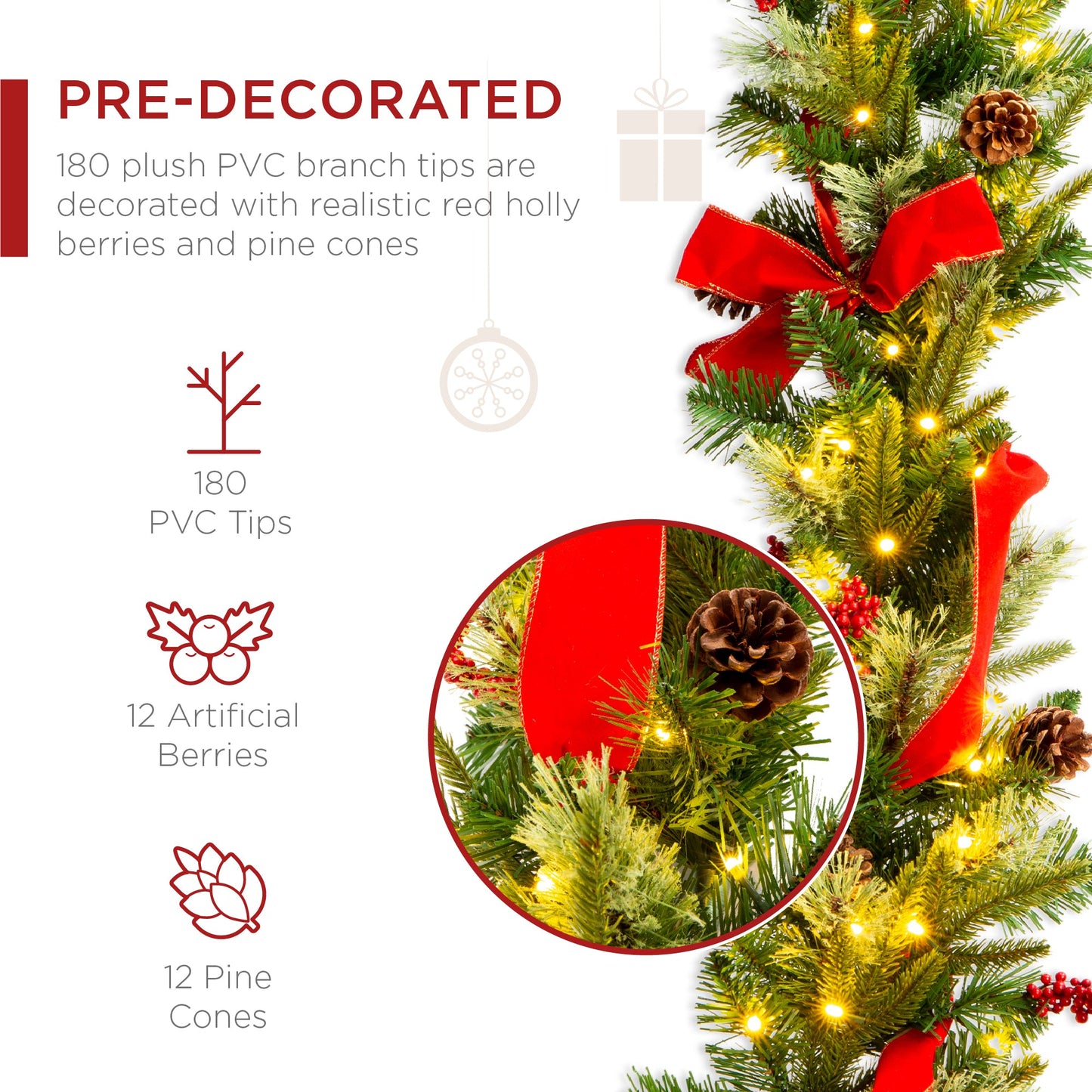 9Ft Pre-Lit Christmas Garland W/ 2-In-1 Led Lights