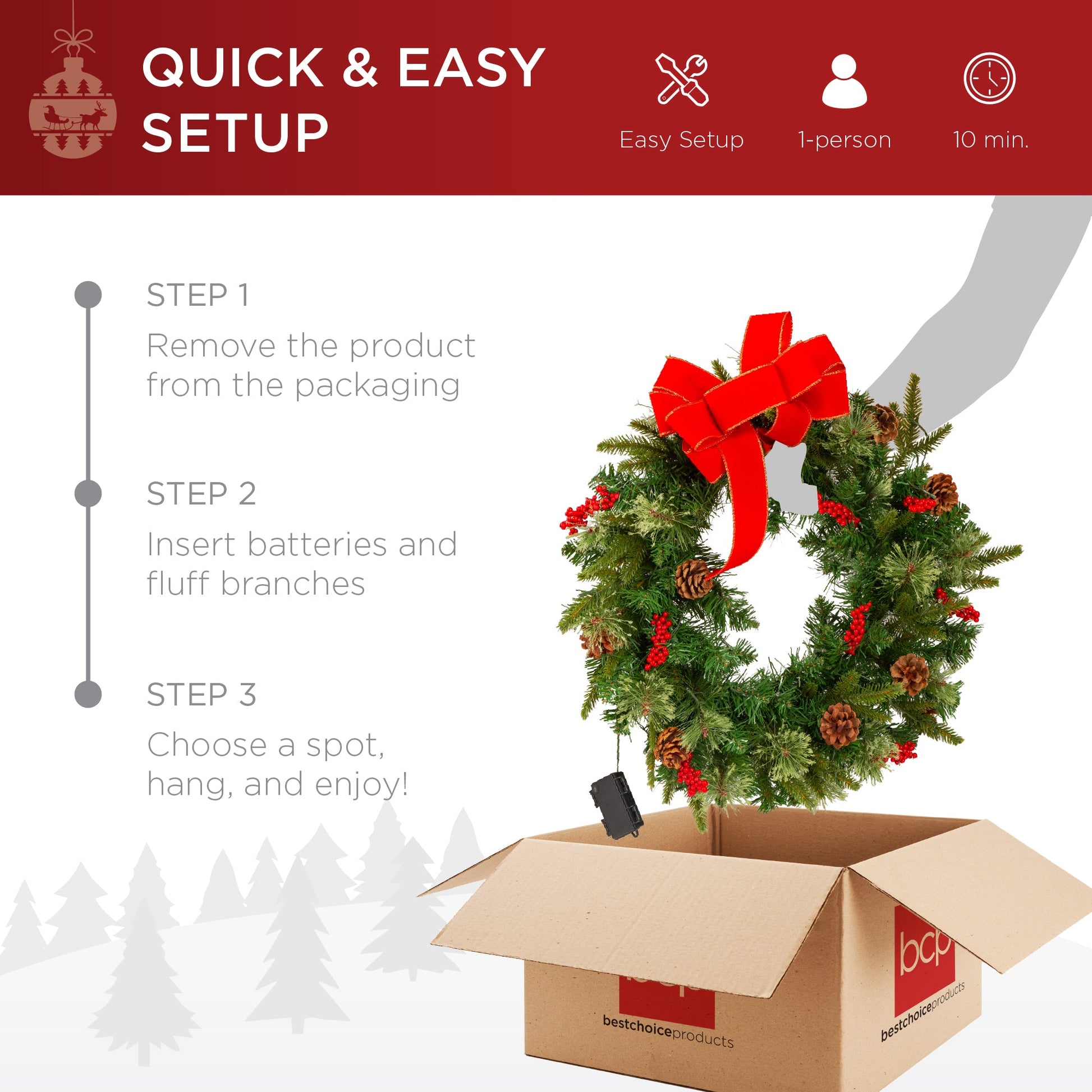 Pre-Lit Battery Powered Christmas Wreath w/ Lights, PVC Tips, Ribbon