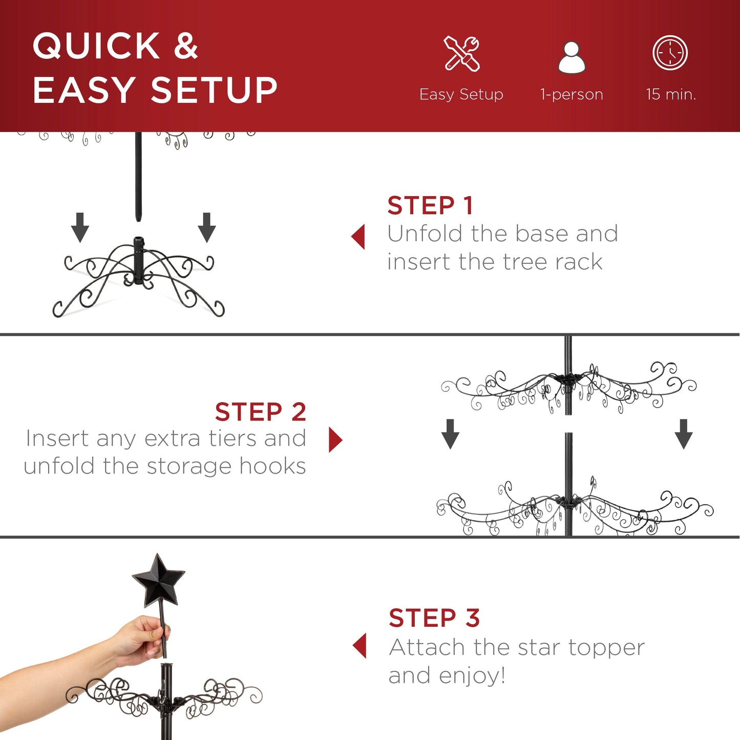 Wrought Iron Christmas Tree Ornament Display w/ Easy Assembly, Stand - 3ft