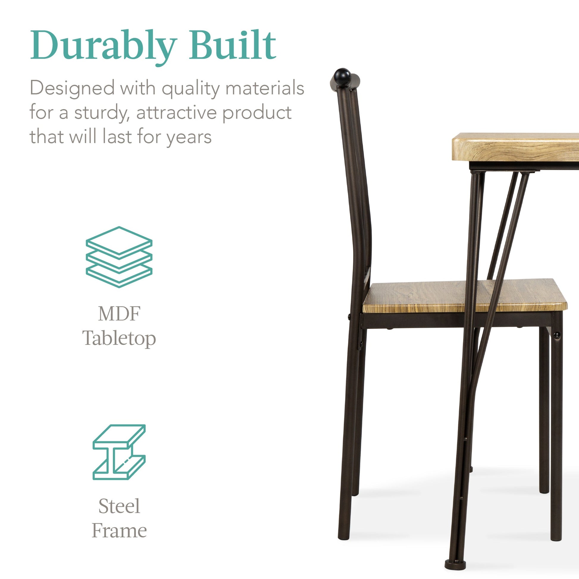 3-Piece Metal Wood Square Dining Table Furniture Set w/ 2 Chairs