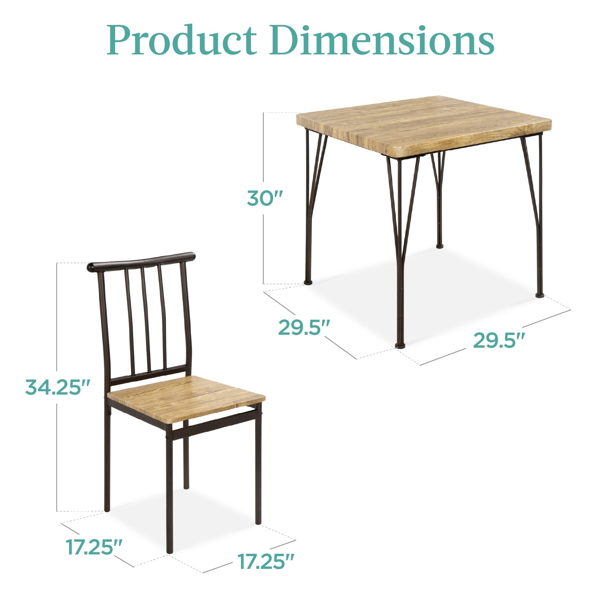 3-Piece Metal Wood Square Dining Table Furniture Set w/ 2 Chairs