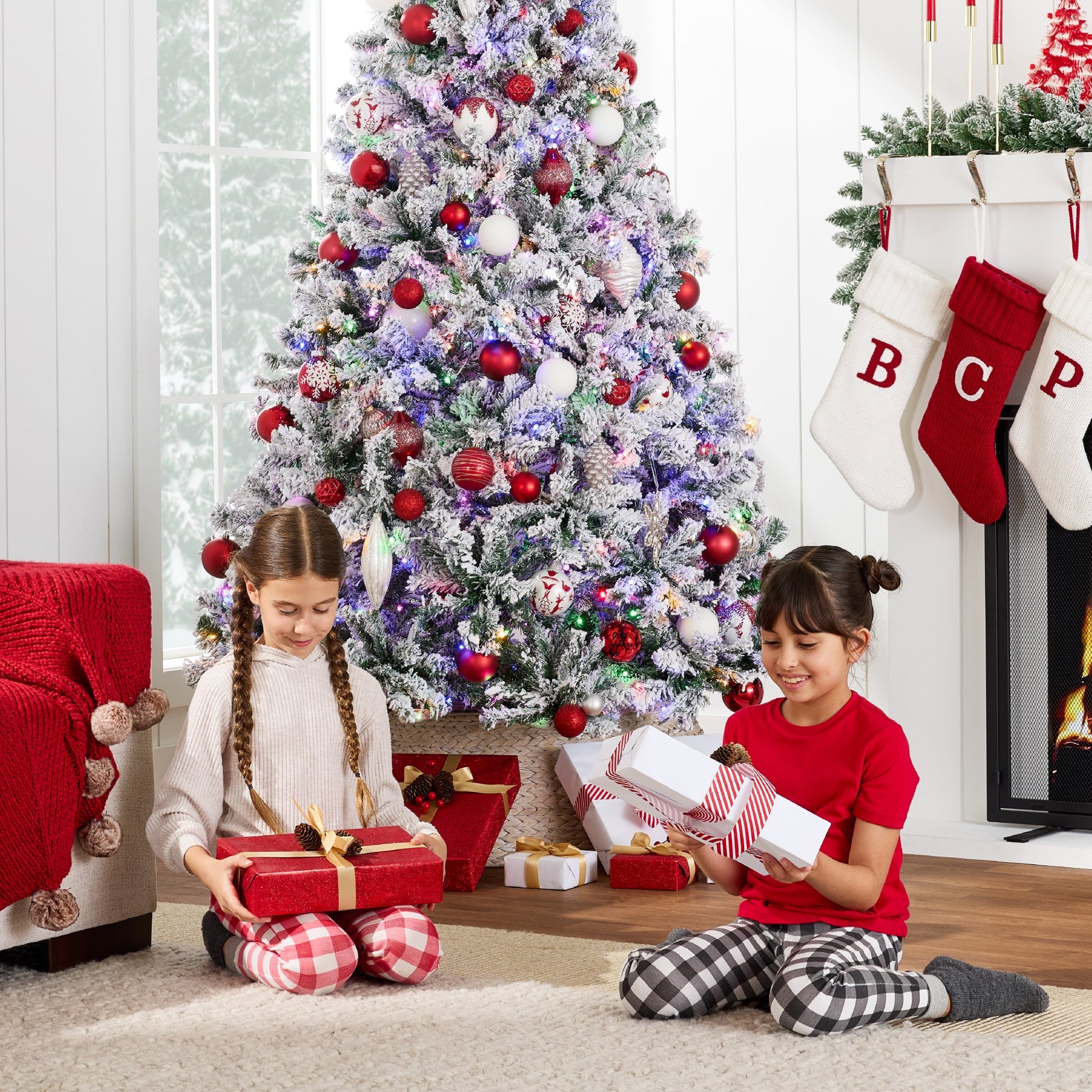 Pre-Lit Snow Flocked Artificial Pine Christmas Tree w/ Multicolored Lights