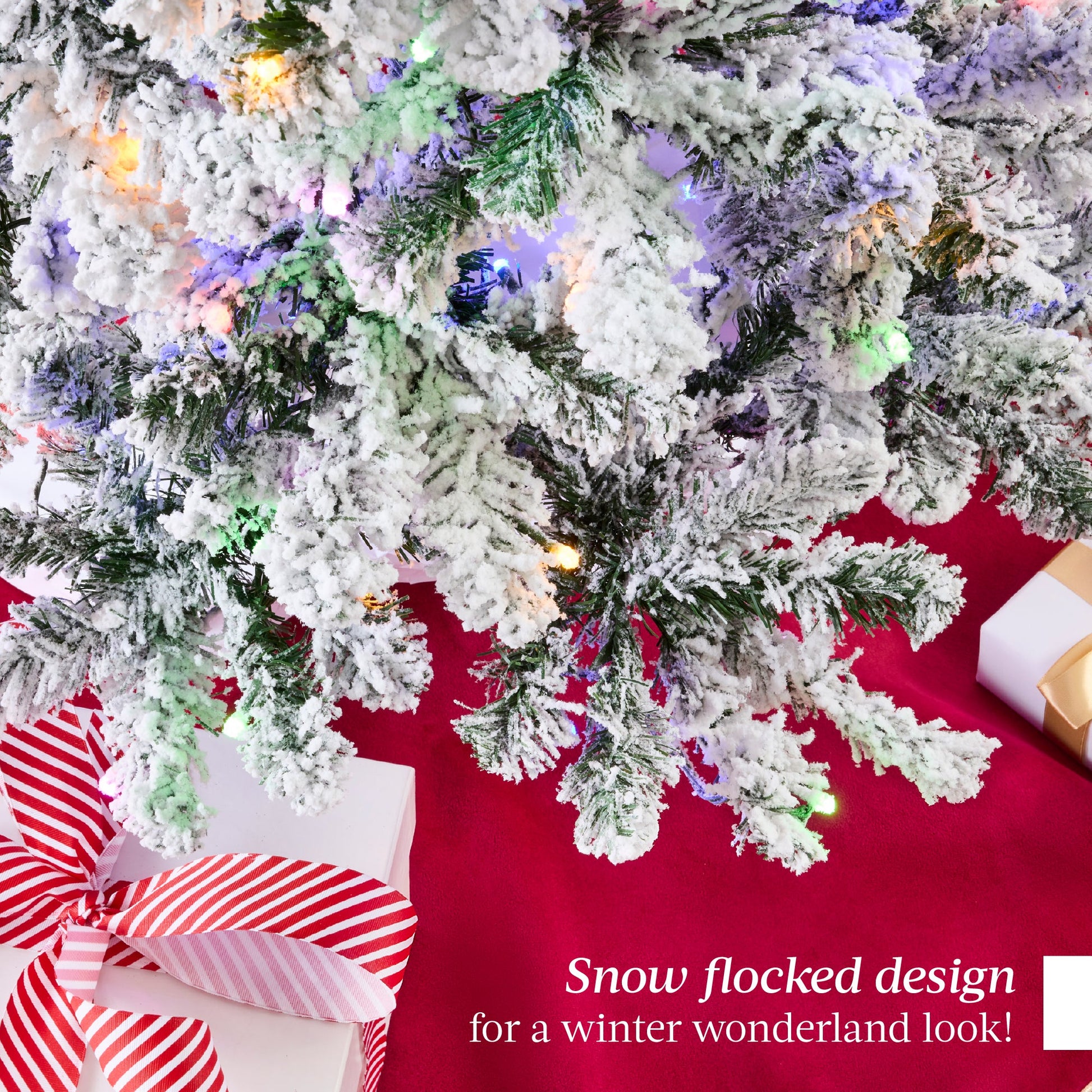 Pre-Lit Snow Flocked Artificial Pine Christmas Tree w/ Multicolored Lights