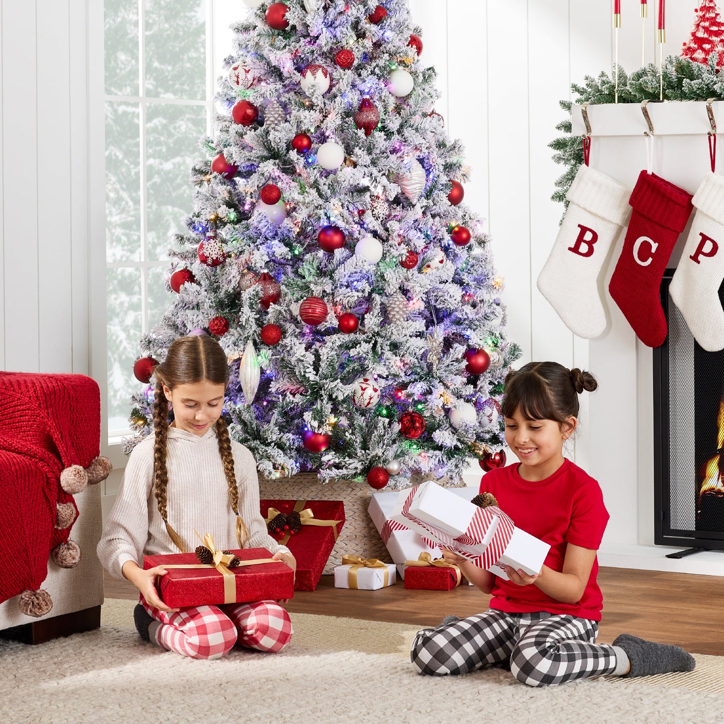 Pre-Lit Snow Flocked Artificial Pine Christmas Tree w/ Multicolored Lights