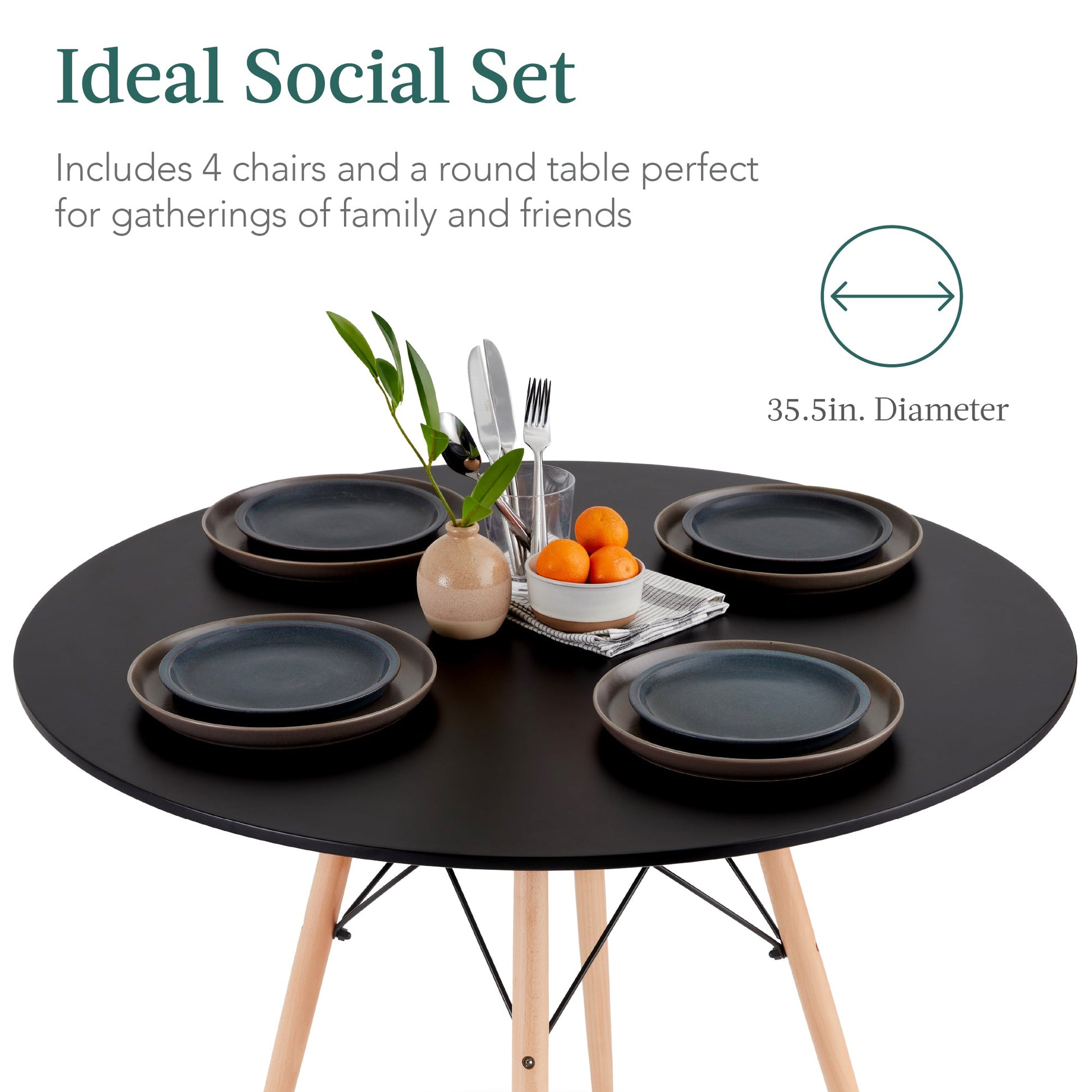 5-Piece Mid-Century Modern Dining Set w/ 4 Chairs, Wooden Legs, Metal Frame