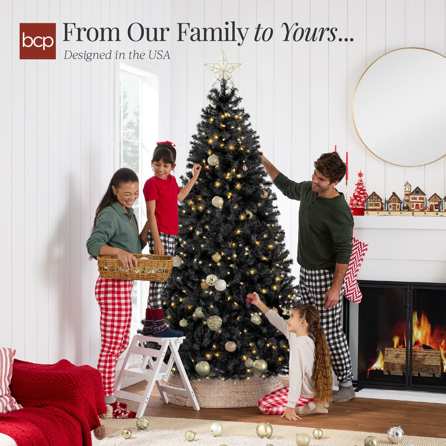 Pre-Lit Artificial Black Christmas Tree w/ Incandescent Lights, Metal Stand