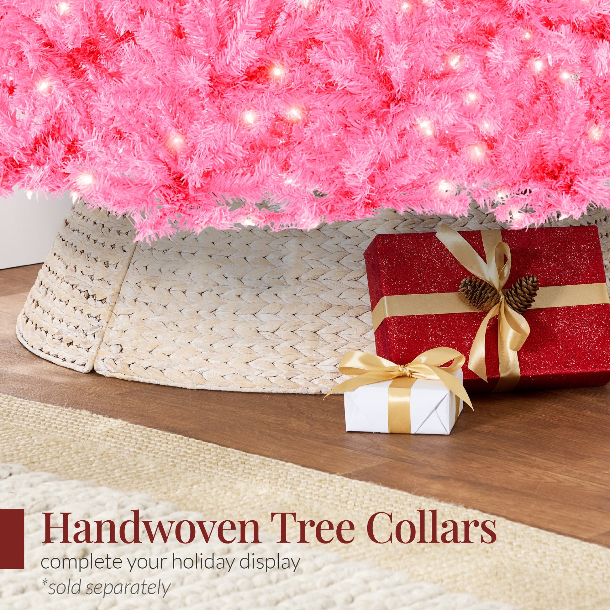 Pre-Lit Artificial Pink Christmas Tree w/ Incandescent Lights, Metal Stand