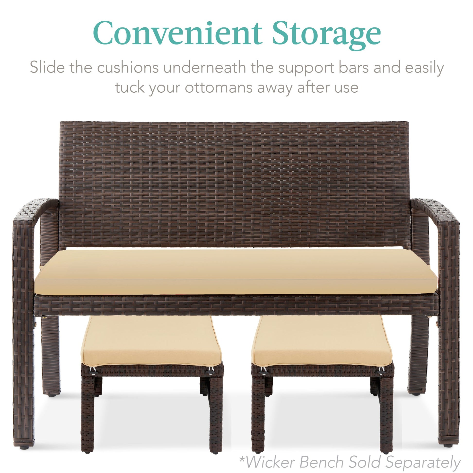Set of 2 Multipurpose Wicker Ottomans w/ Removable Cushions, Steel Frame