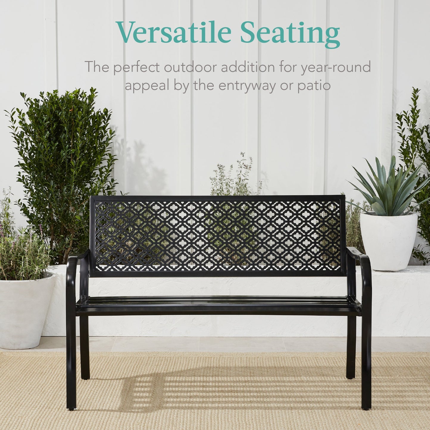 Indoor Outdoor Steel Bench w/ Geometric Backrest, Foot Levelers