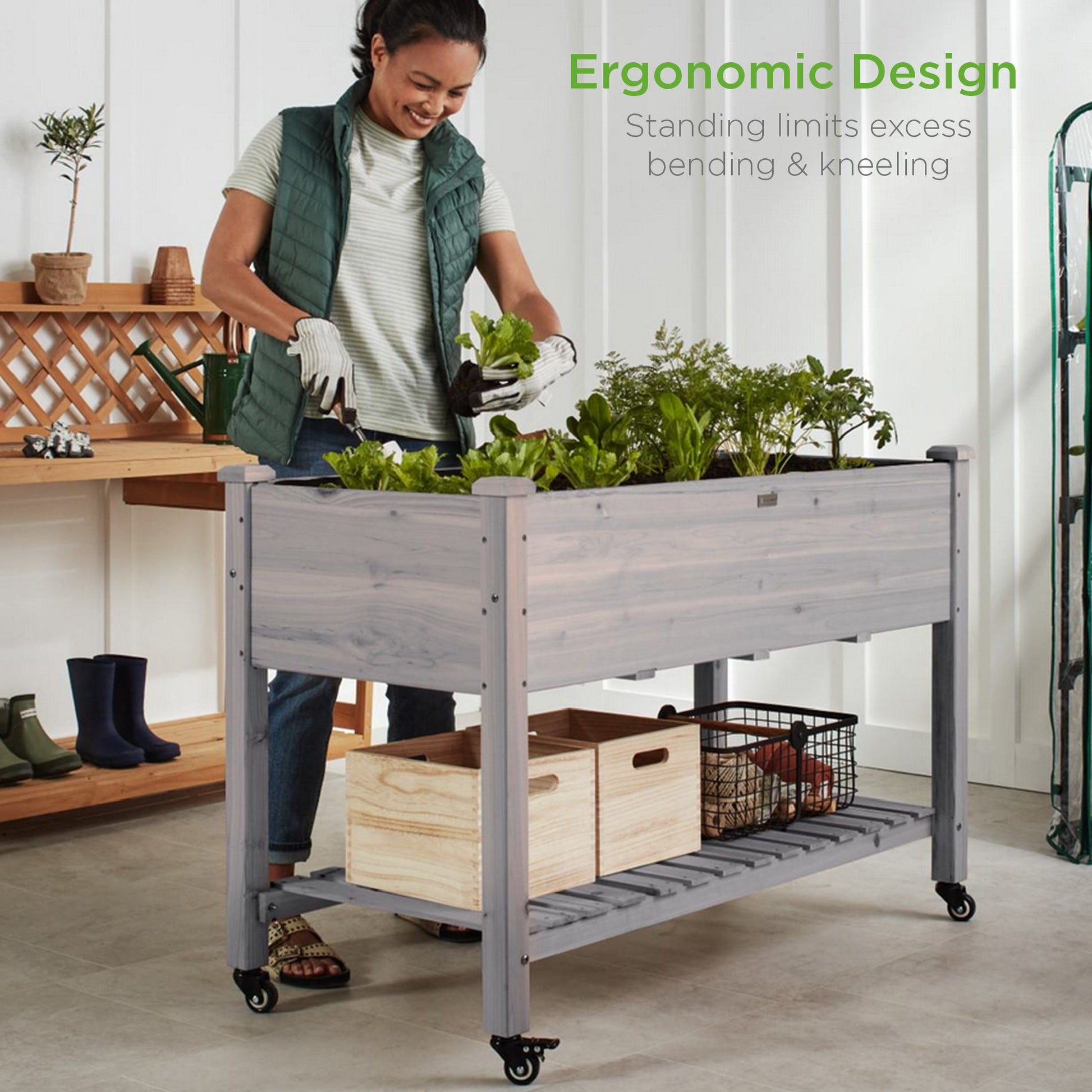Mobile Raised Garden Bed Elevated Planter w/ Wheels, Shelf - 48x24x32in